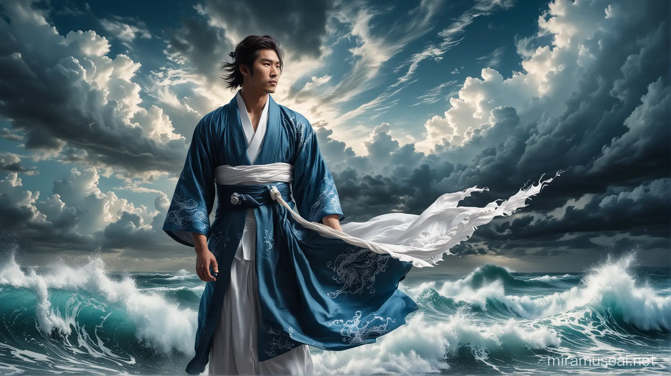 Mystical Asian Man in Hakama Surrounded by Azure Dragon and Clouds
