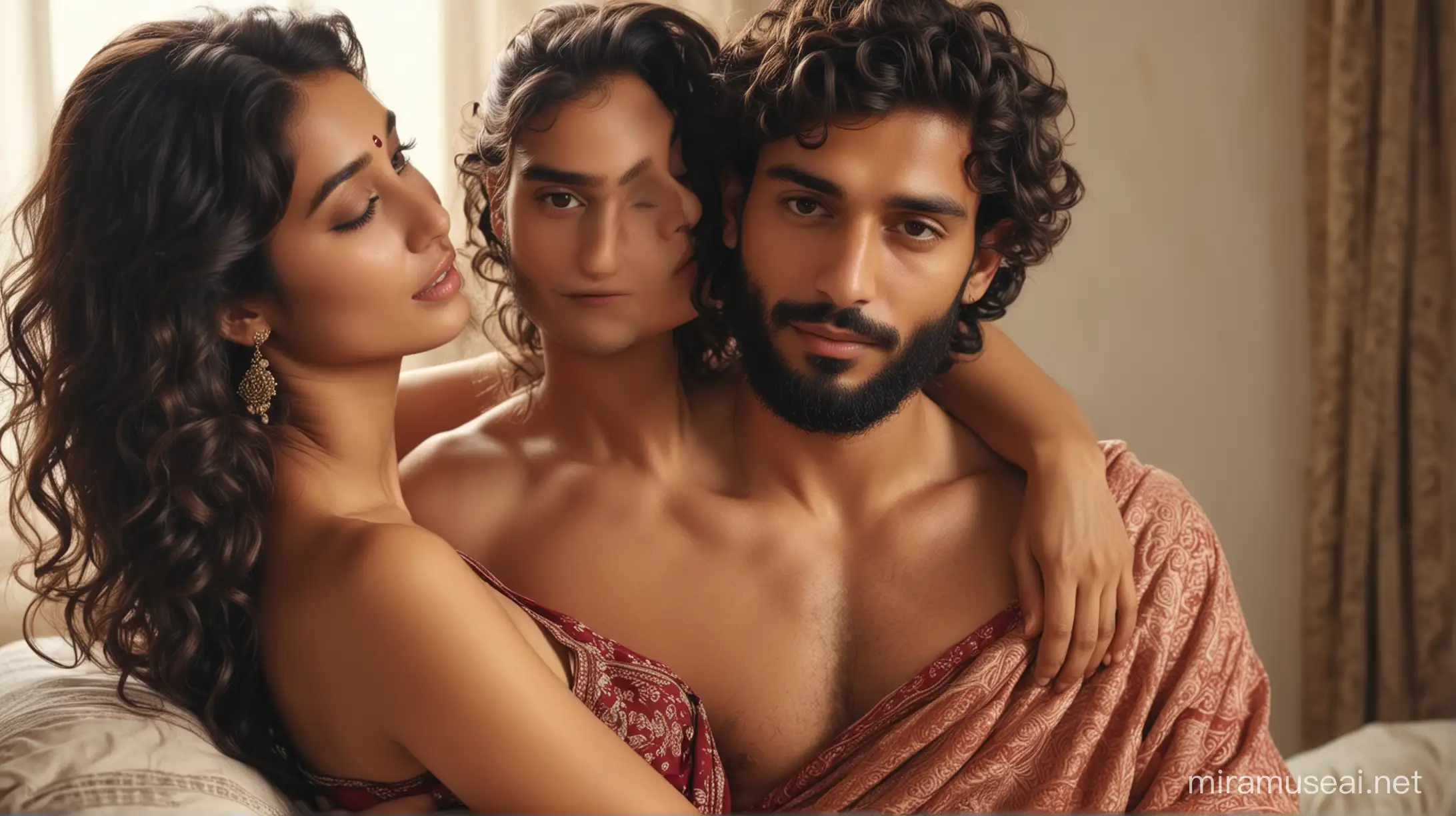 two intimate lovers, european handsome mAn, most handsome european man with indian features, fashionable beard,  most beautiful indian girl, elegant saree look, curly long hair, girl siting  on lap of man. man holding  girl intimately with love, topless, innocent and shy, 
photo realistic, 4k.girl is in 