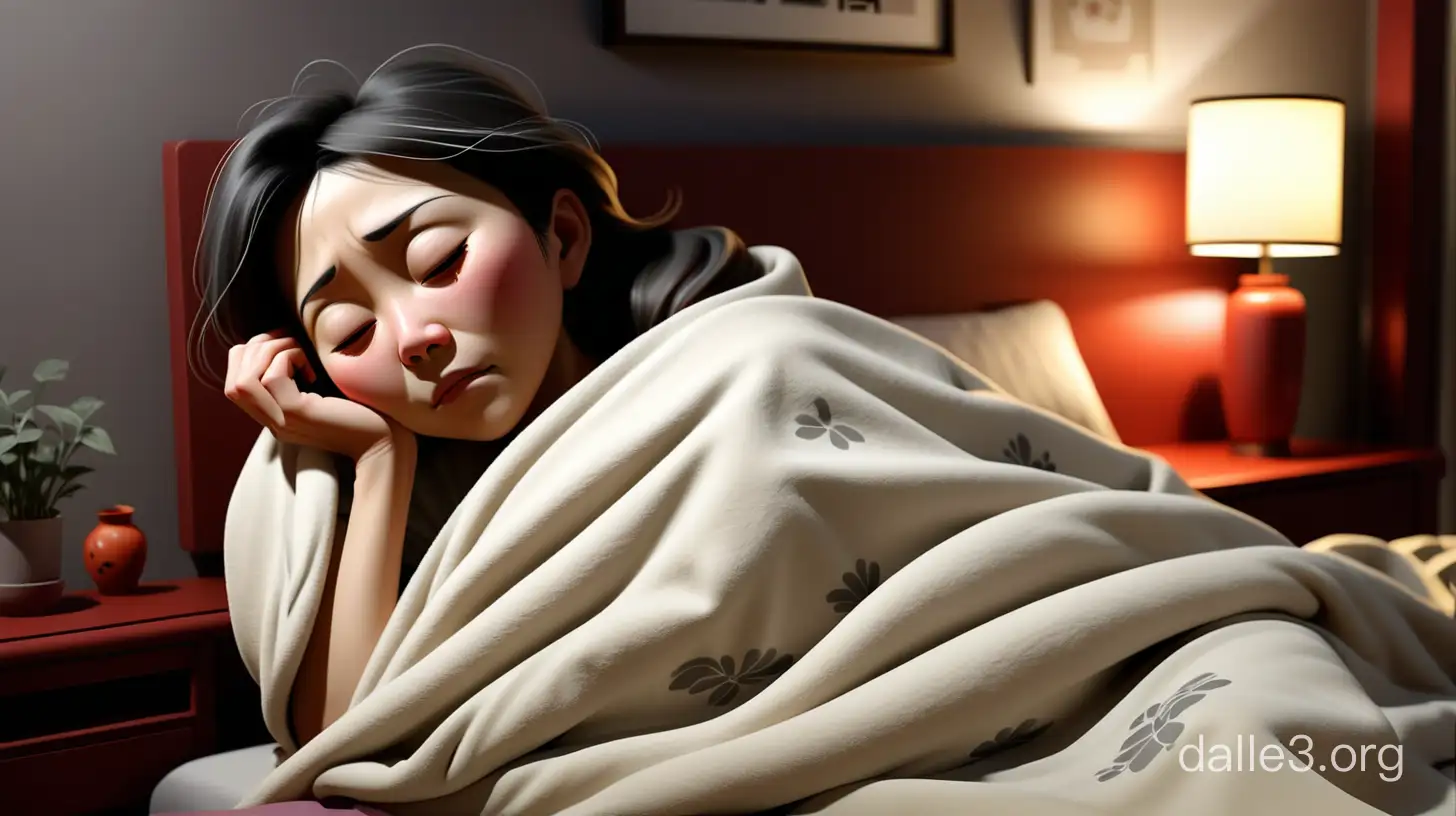 夜里，现代屋内，一个中国中老年妇女盖着被子躺在床上睡觉，床的另一边空荡荡的
