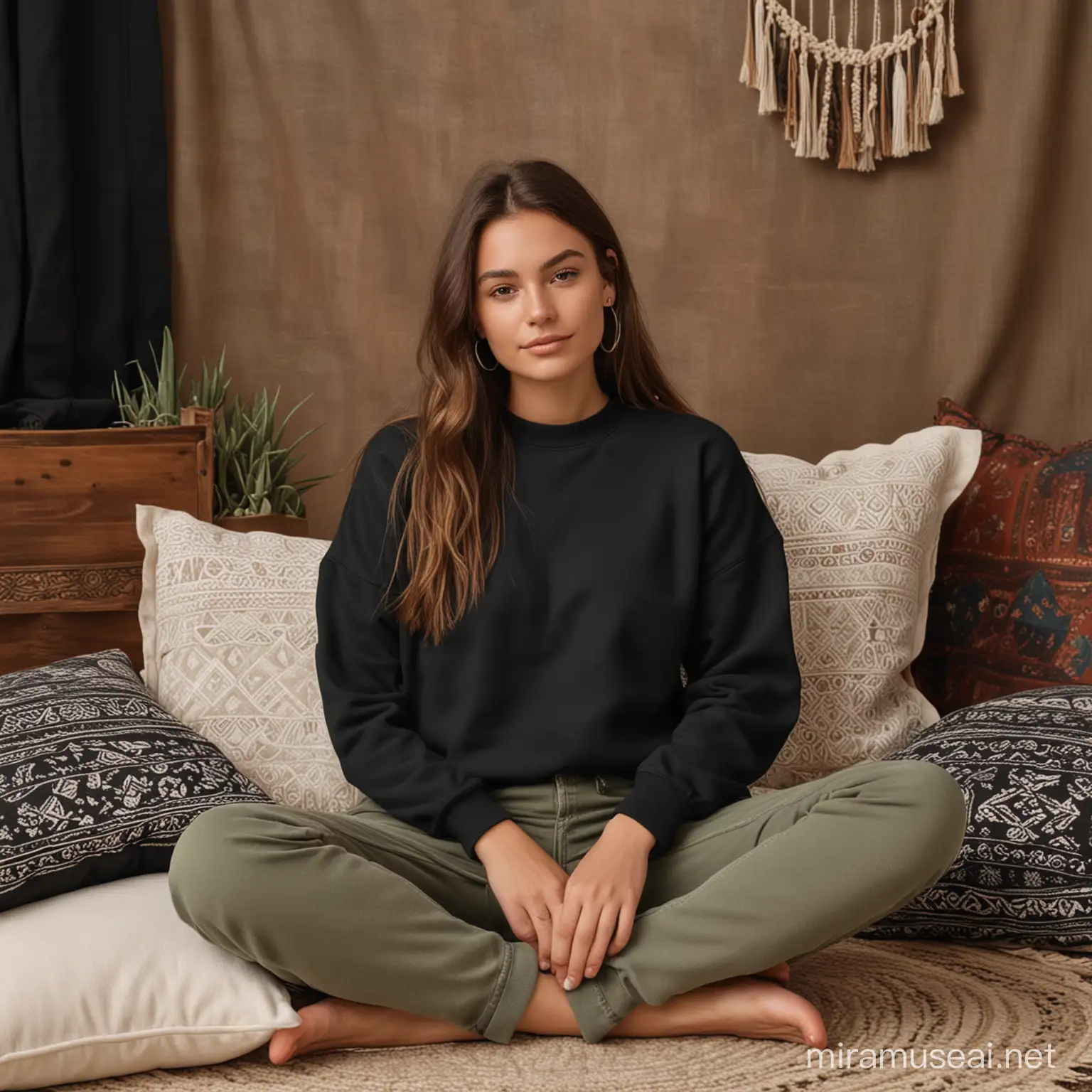 young women, wearing a black crewneck sweatshirt, boho background with pillows, sitting down, facing the camera