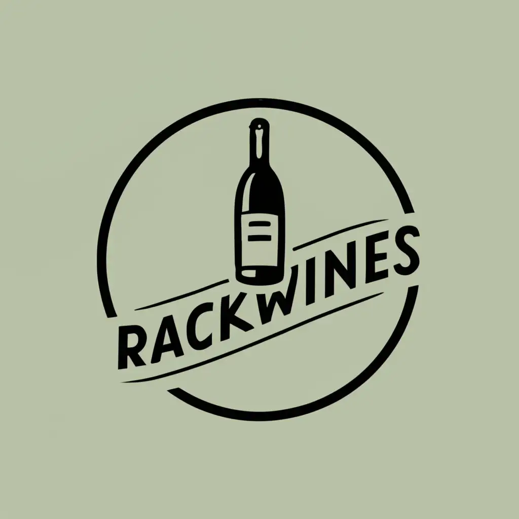 logo, A wine bottle that sits on a rack with a circle around the logo, with the text "Rackwines", typography, be used in Restaurant industry