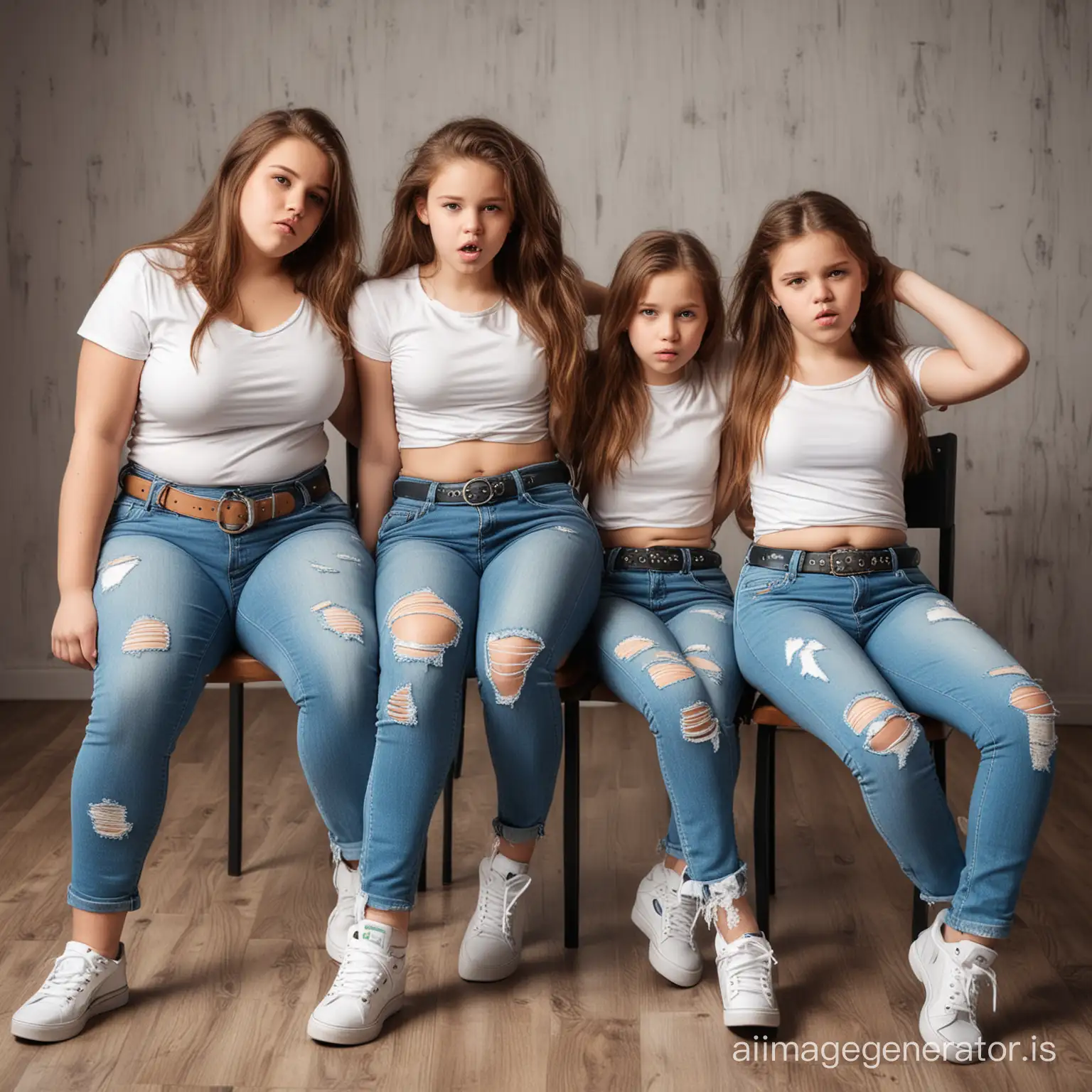 real photo of three curvy girls, 13 years old, sitting on a chair, ripped tight jeans with belt, angry face, messy children's room, Extremely Realistic