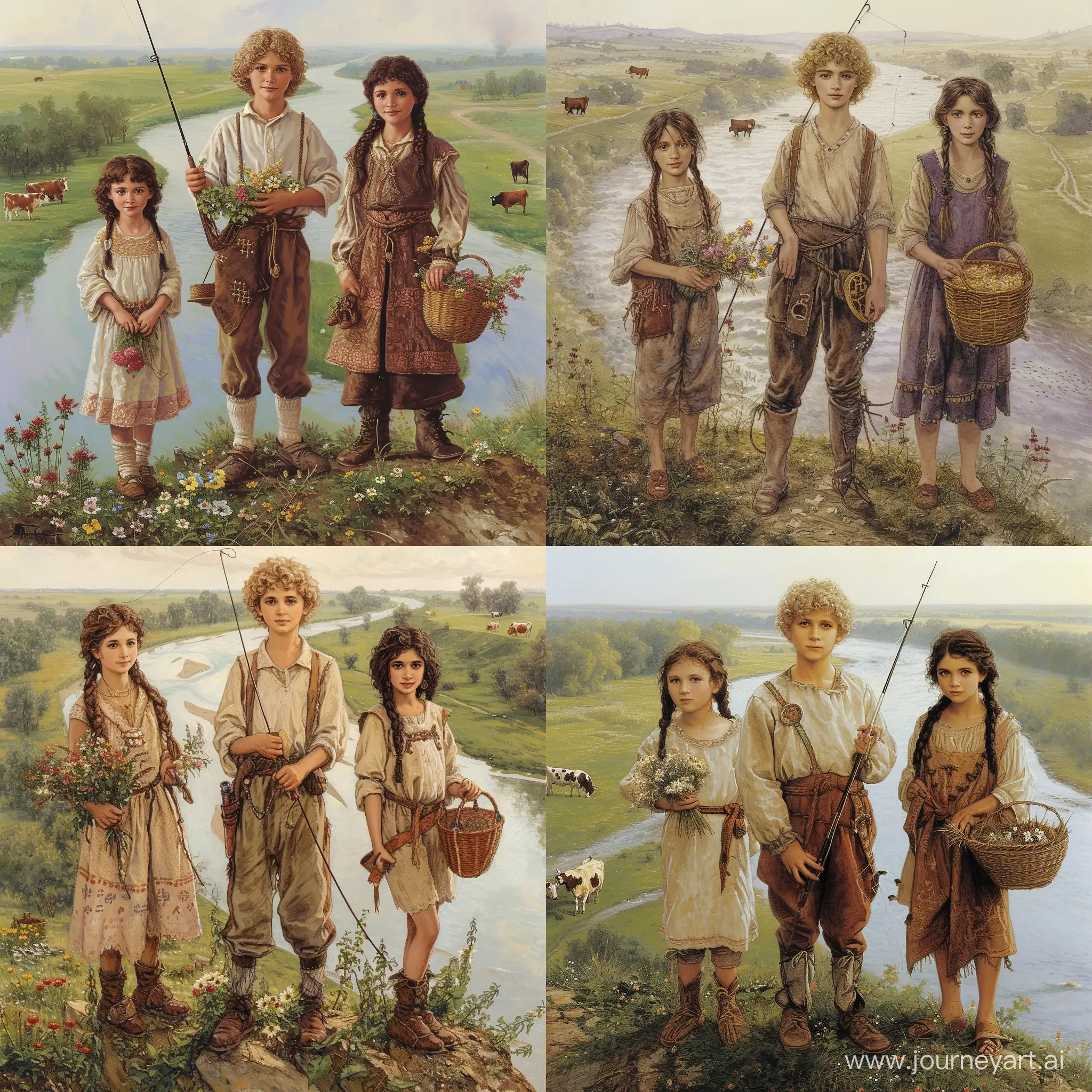 book illustration, three people, ( Sergey Esenina thirteen-year-old boy with light curly hair, holding a fishing rod in his left hand), (a five-year-old girl with dark hair, braided, stands to the left of the boy, holds wildflowers in her left hand), (a sixteen-year-old girl with dark hair, braided, stands to the right of the boy, holding a wicker basket in his right hand), dressed in peasant clothes, standing on a hill, against the background of a winding river, sunny day, summer, noon, cows grazing in a meadow across the river