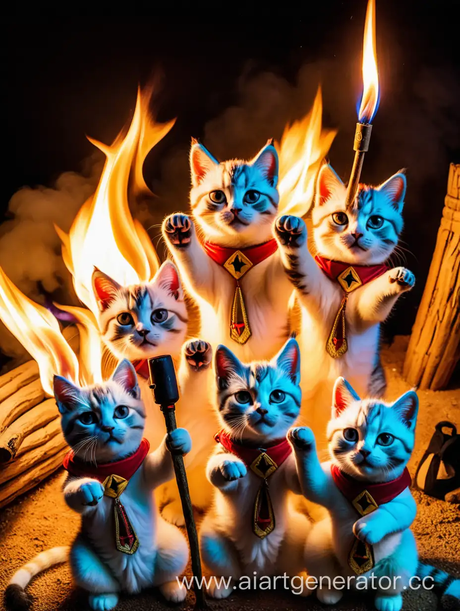 Cats in Ku-Klus Klan costumes with torches stand around the fire, raising their paws to the top. Top view