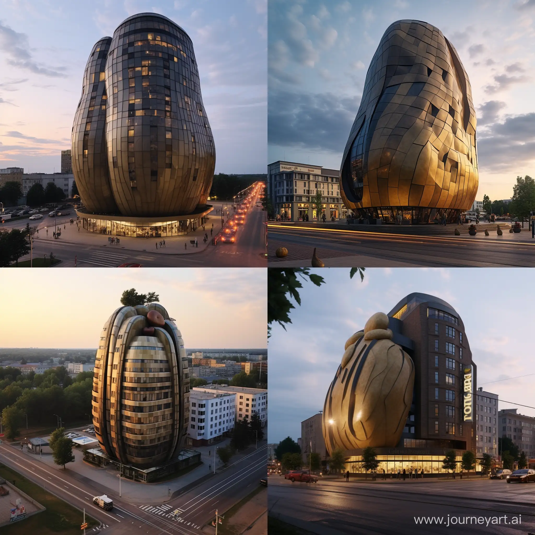 a potato-shaped building in the center of the square in Belarus is a 20-story building. Photorealism