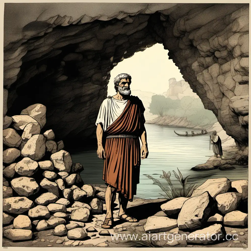 На берегу речки в пещере стоит мужчина в одежде древнего римлянина похож на Демосфена а во рту у него камни