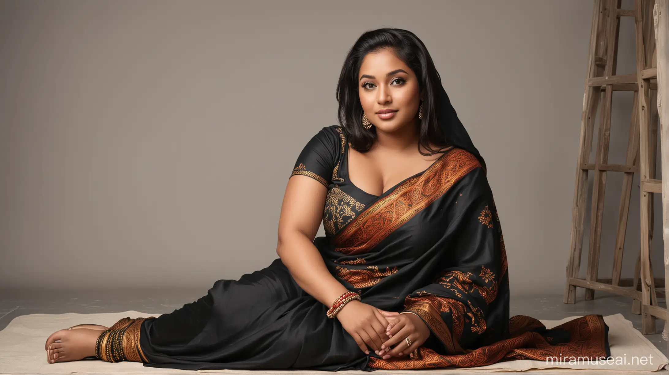 draw a legitimate Bangladeshi beautiful plus size black woman wearing Bangladeshi saree with hood and sitting on the floor