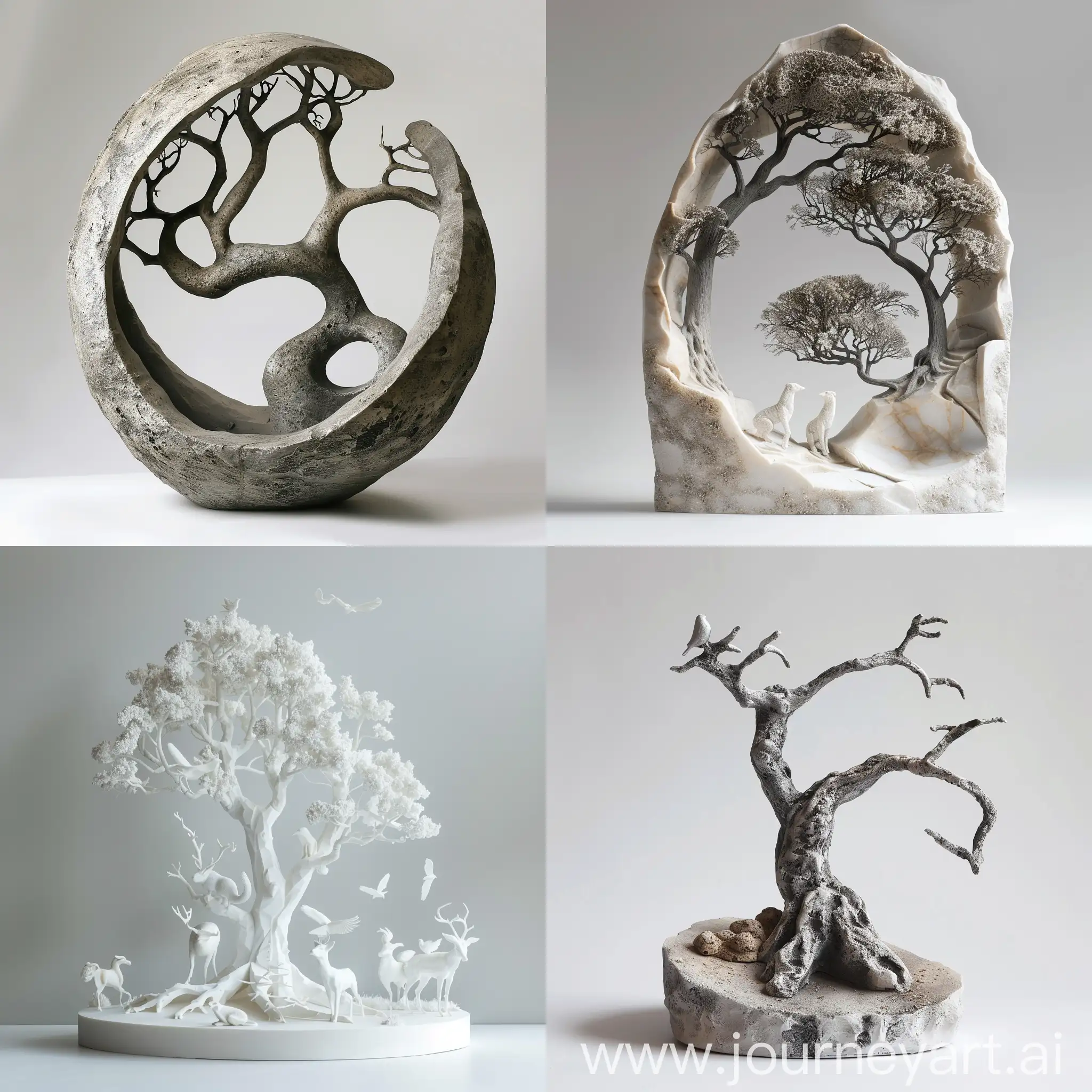 Escultura conceptual relacionada con los árboles y los animales que este muy sencilla peri qué represente a la naturaleza 