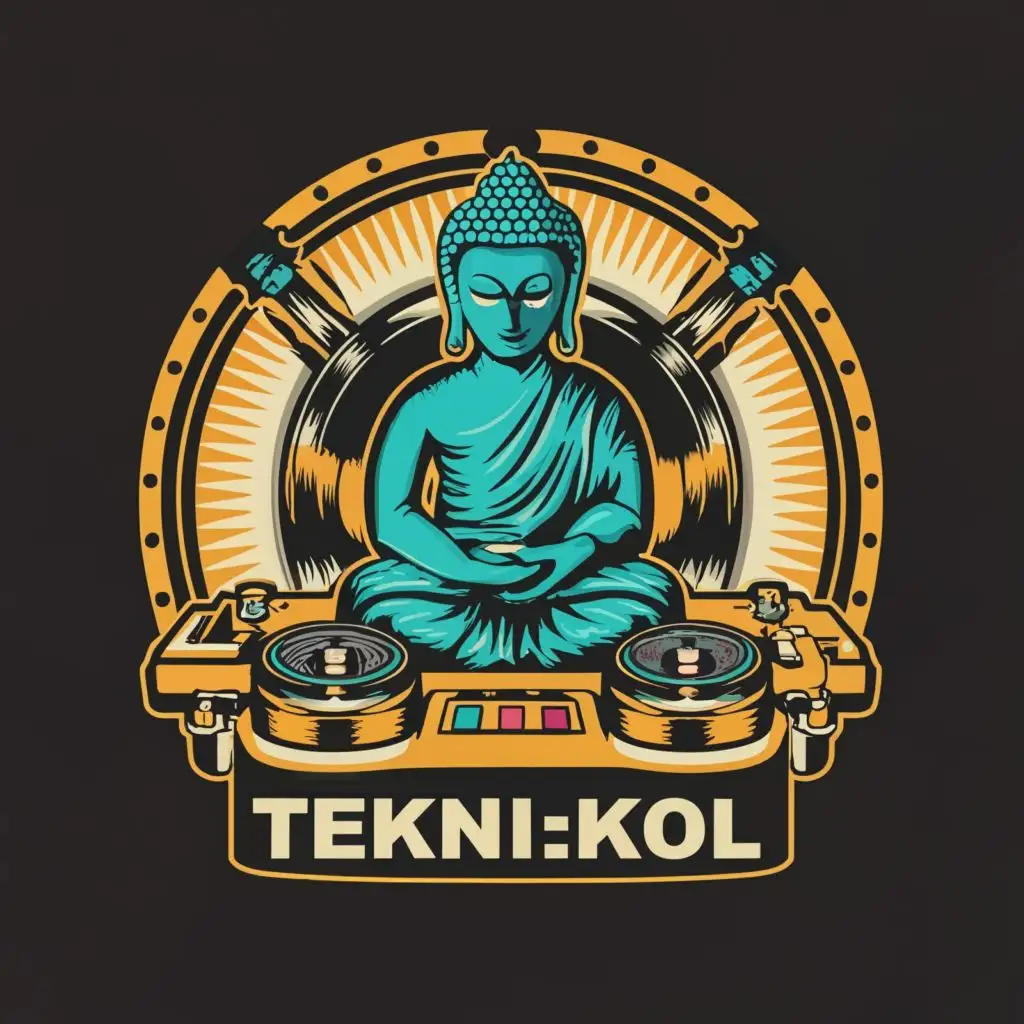 logo, organic art vector buddha and turntables, with the text "tEkNi:KoL", typography, be used in Automotive industry