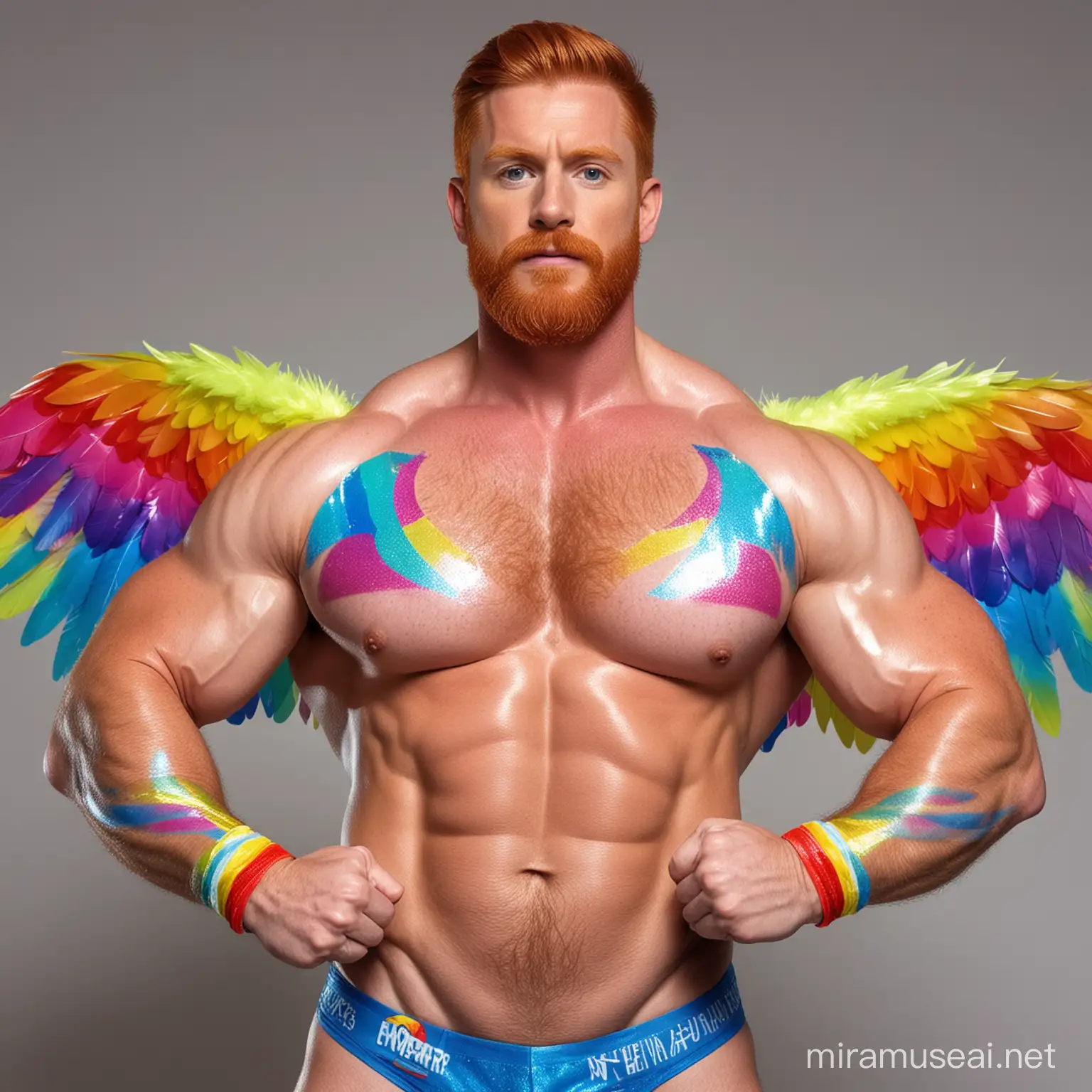 Topless 30s Thick Beefy Redhead IFBB Bodybuilder Beard Daddy wearing Multi-Highlighter Bright Rainbow Coloured See Through Jacket with Eagle wings and Flexing Big Strong Arm with doraemon