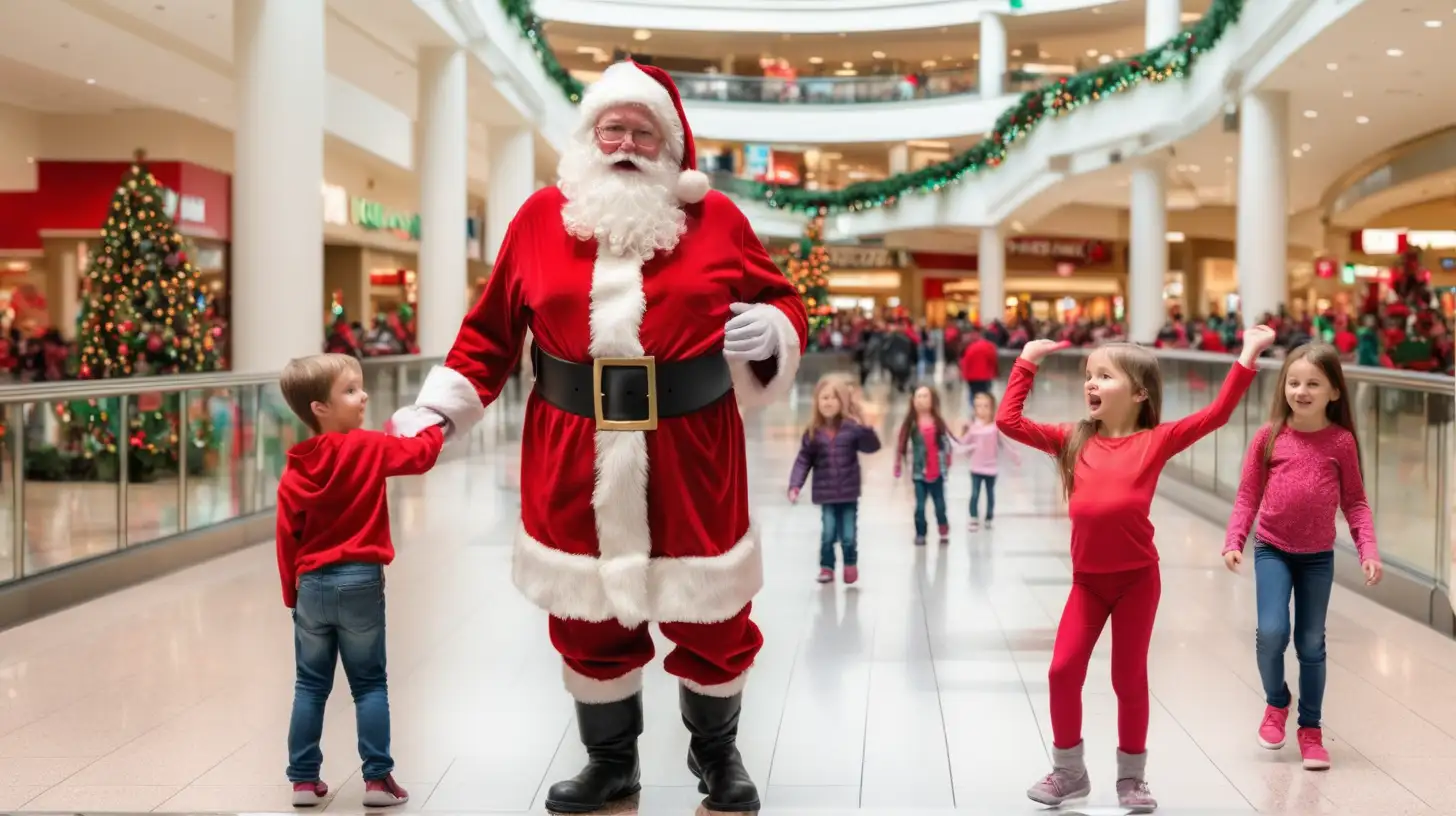 Festive Santa Claus Delighting Kids in a Mall Wonderland