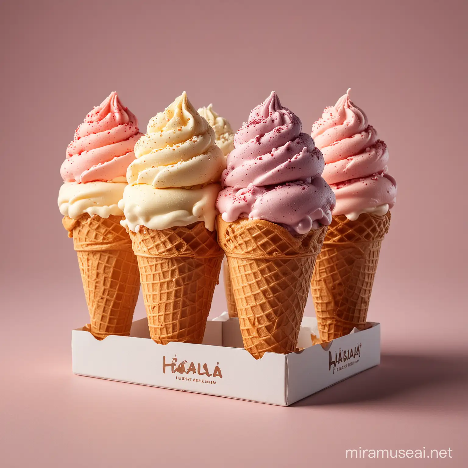 Create a product photo for a collection of 5 variants of soft ice cream in black 1 kg sachet packaging with Hyperrealism style. On the lower left side, there is a halal logo from Indonesia in a white box and it says "HALAL". On each package there is a picture of soft ice cream that has just been made from an ice cream machine on top of a brown ice cream cone. The variants are chocolate, vanilla, red velvet, strawberry and taro. soft bright plain color background.