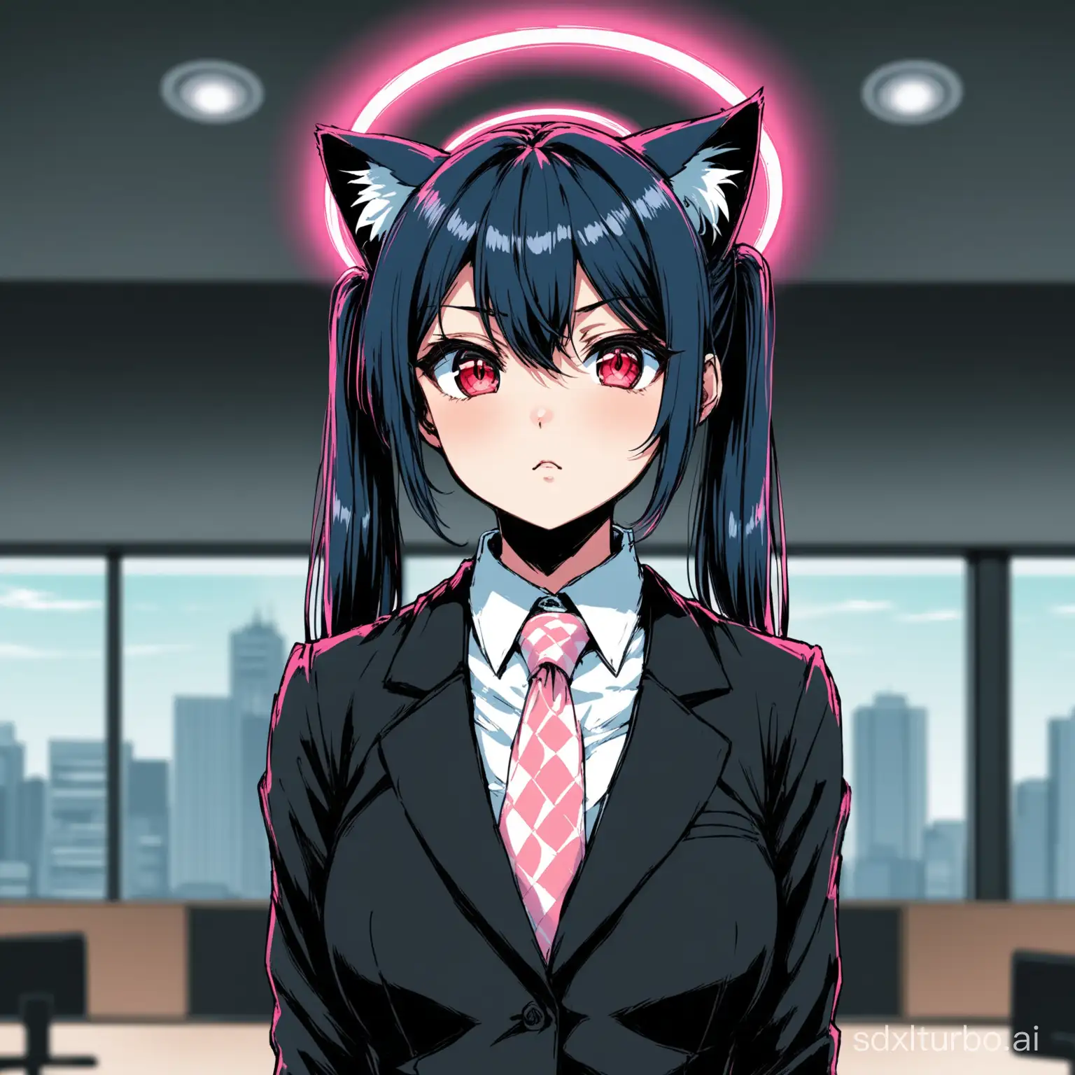1girl, rough style, pen drawing style, anime style, low saturation, cat ears, thin twintails,  light blue necktie, dark blue hair, small glowing pink round halo hovers overhead,, red eyes, black suit jacket, buttoned jacket, red gloves, black checkered skirt, office background