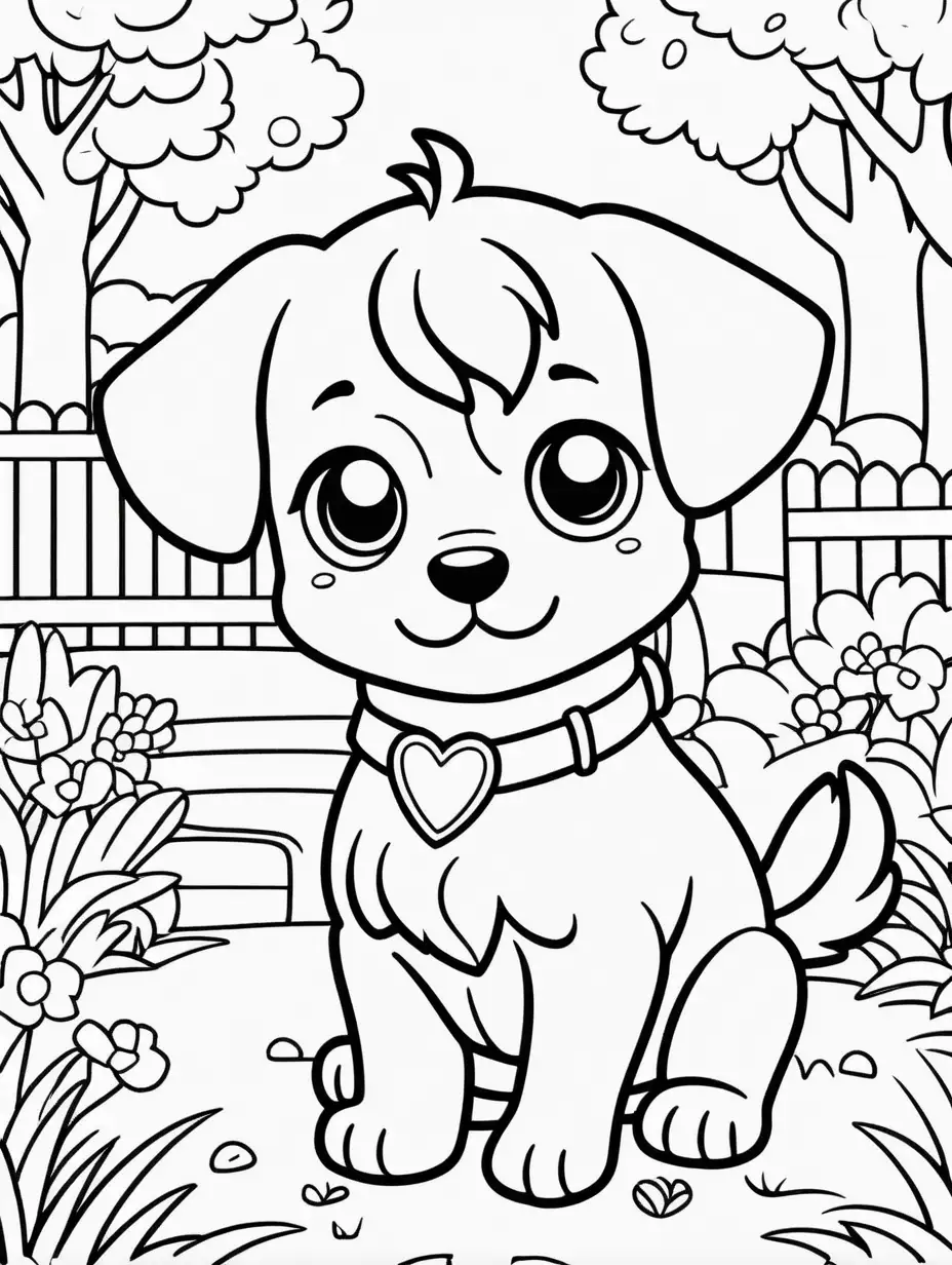 Adorable Kawaii Puppy Coloring Page in Cartoon Park Scene