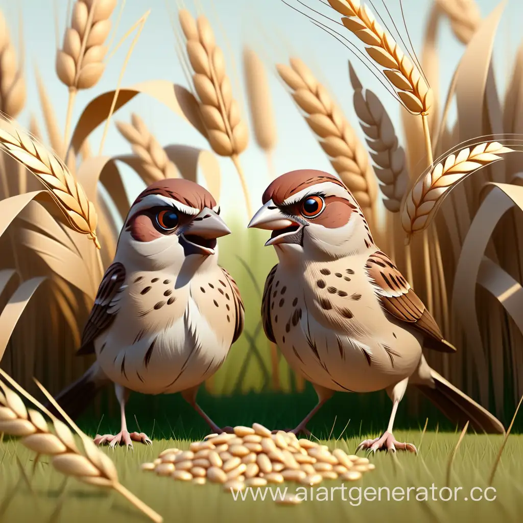 Cartoon-Sparrows-Feasting-on-Scattered-Wheat-Grains