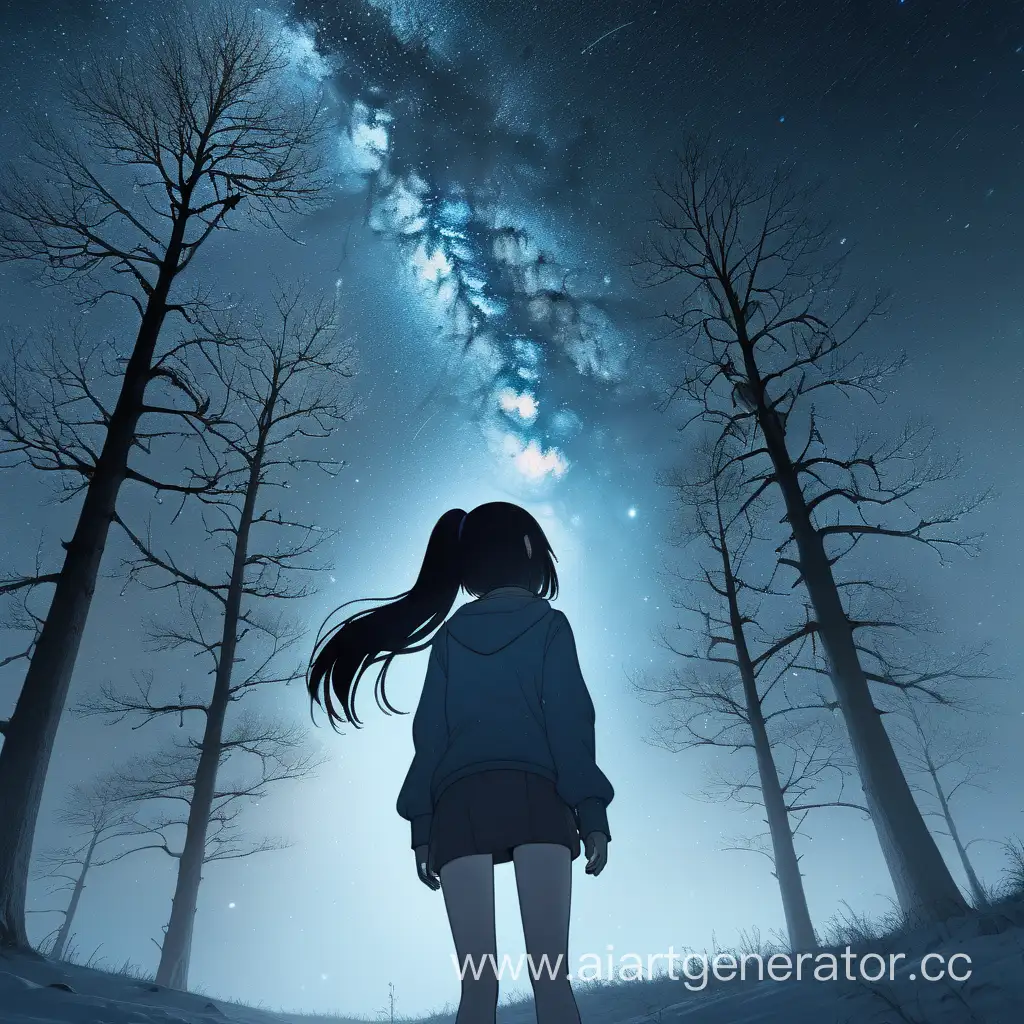 Усталые деревья, темная ночь, зима. Стоит аниме  девочка крупным планом отвернувшись и смотрит вверх, на млечный путь. Плотный и густой туман с пастельно синим цветом