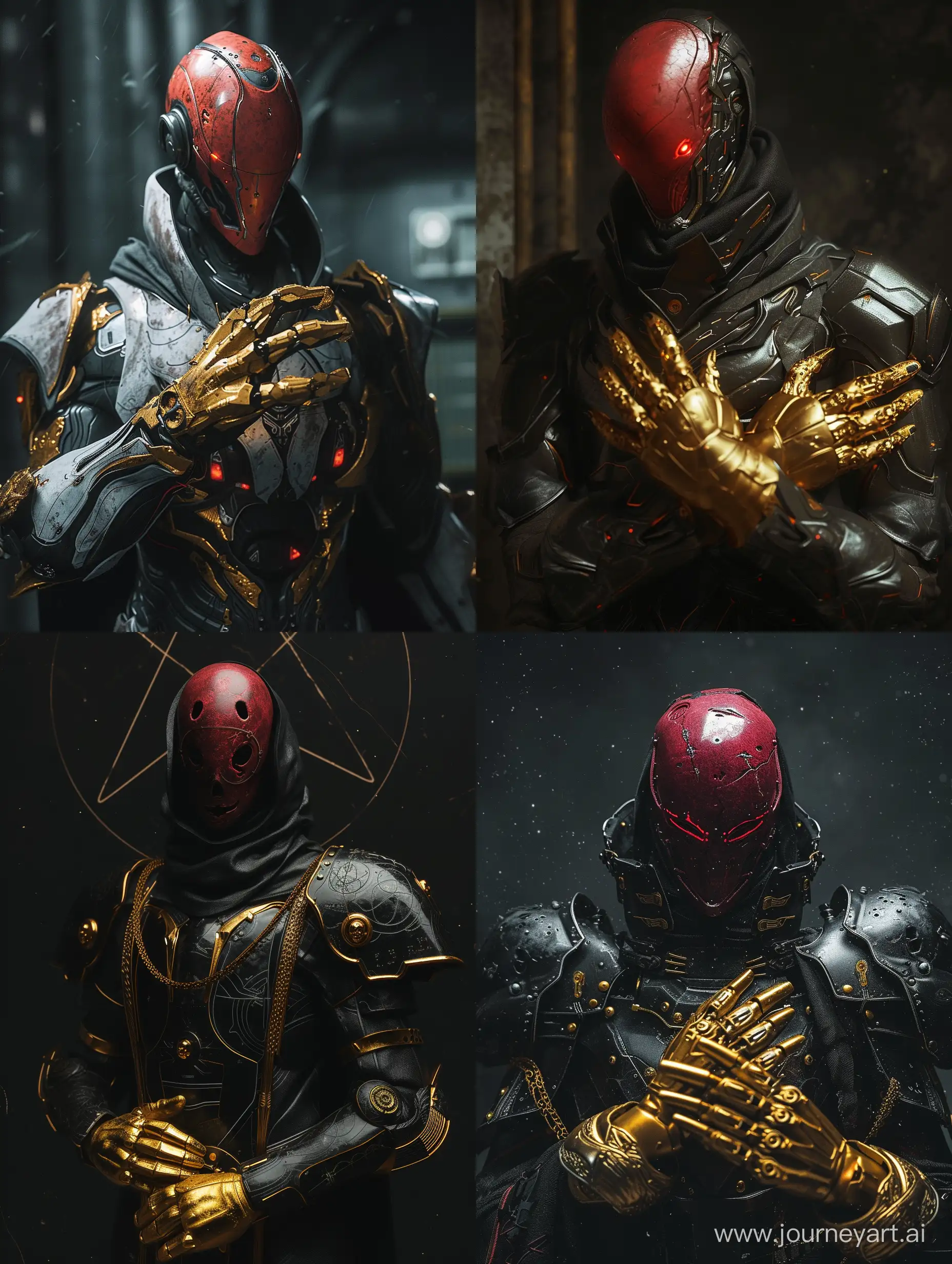 masterful lighting composition, epic exposition,  male, divinity in sci fi armor, eyesless scp red mask, dark souls, gold gloves