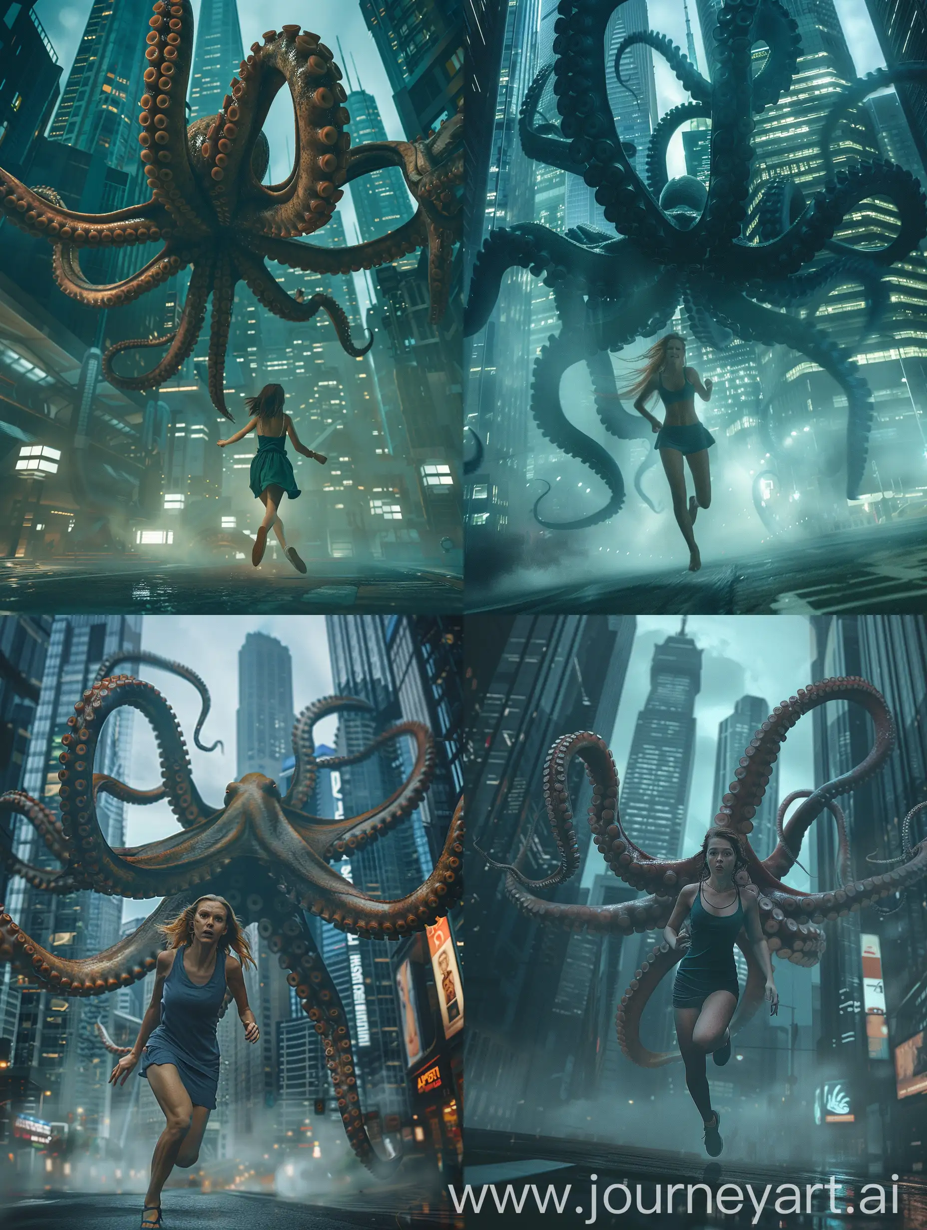 Futuristic-Dystopian-City-Young-Woman-Evades-Giant-Tentacled-Monster