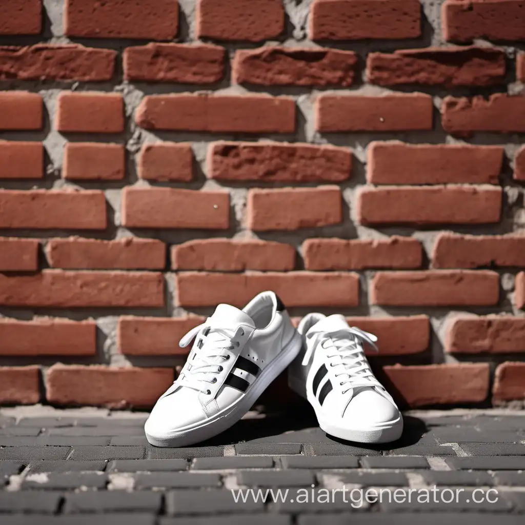 красивые кроссовки стоят на асфальте на фоне кирпичной стены