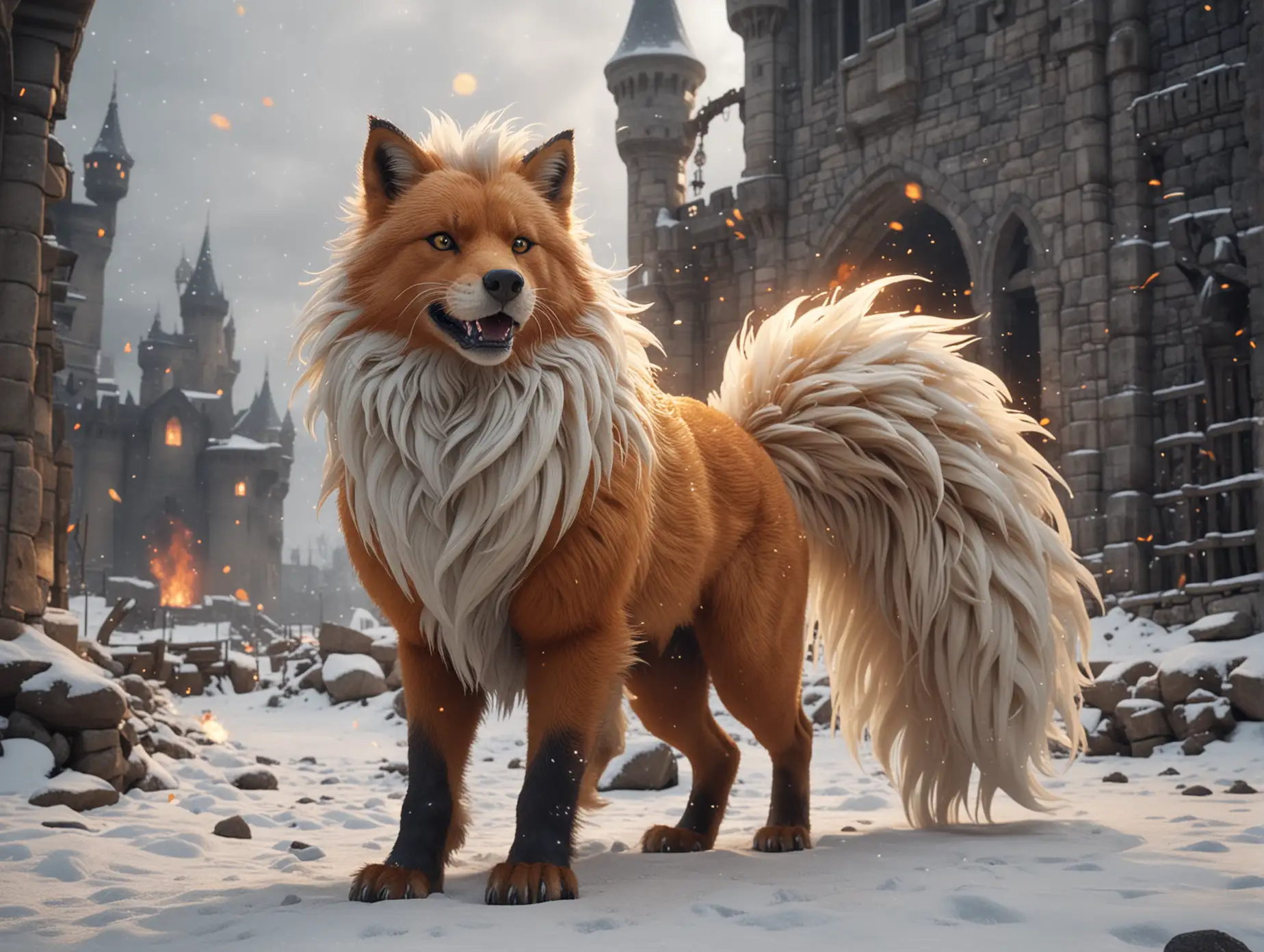 Majestic FireFox Guardian Amidst Castle Blizzard