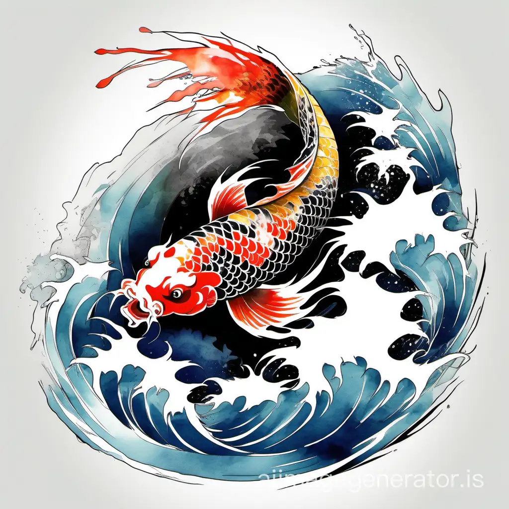 Abstract single japanese koi with head as a roaring oriental dragon, with waves around, frontal view, waves around, sumi-e japanese watercolor, color splash style, multicolor palette, black background 