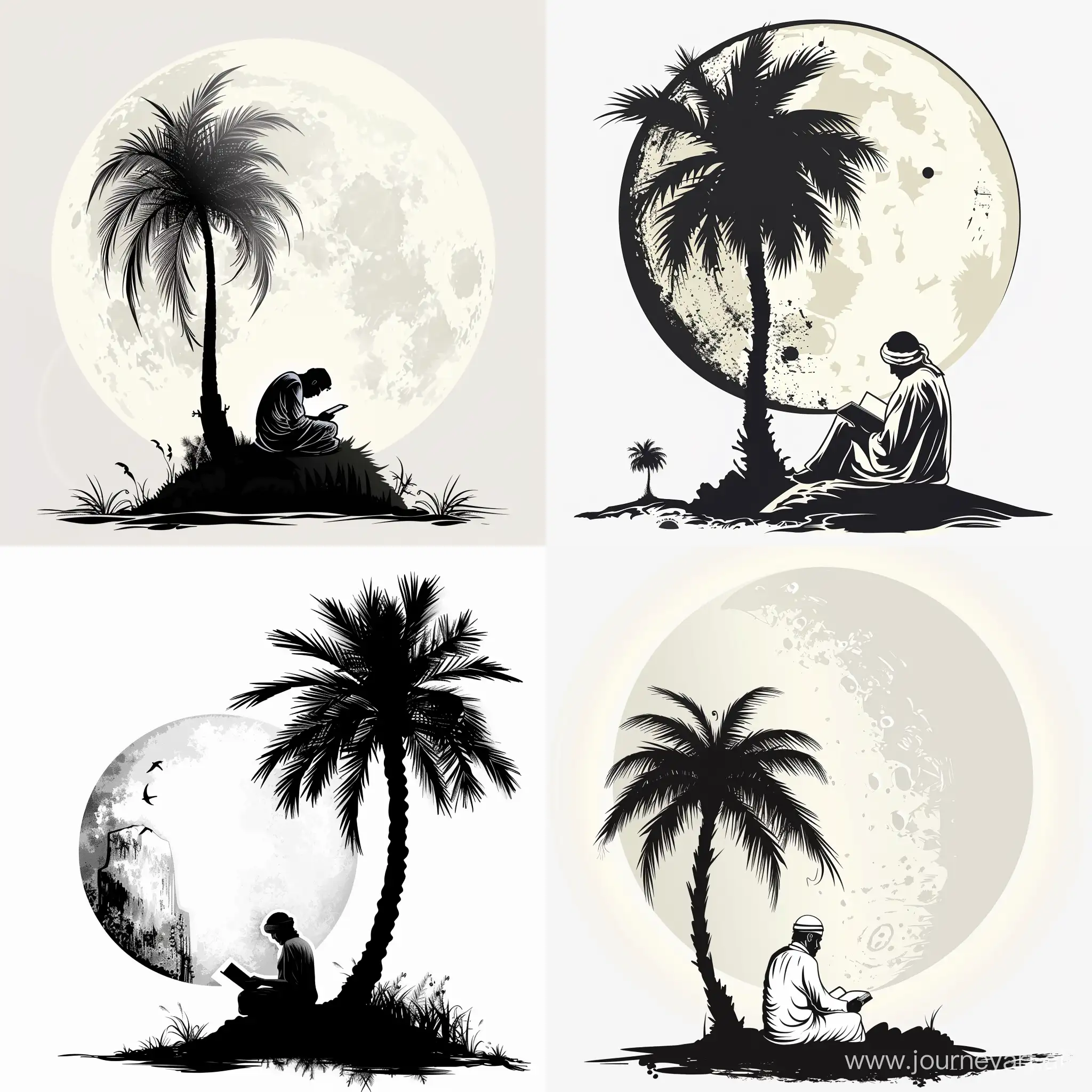 Make a simple about a Middle Eastern Bedouin man reading a book and leaning his back on a palm tree in the middle of an oasis. Make the background white with a big moon the man, the oasis and palm tree black