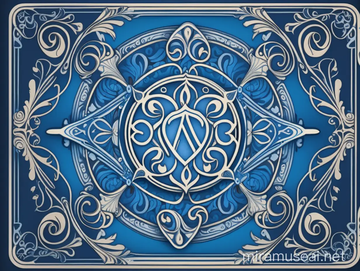 full card back deck design, ornemental villainous card, highly symmetric, disney style, cute, calligraphic blue lines, blue outline, blue theme, victorian style
