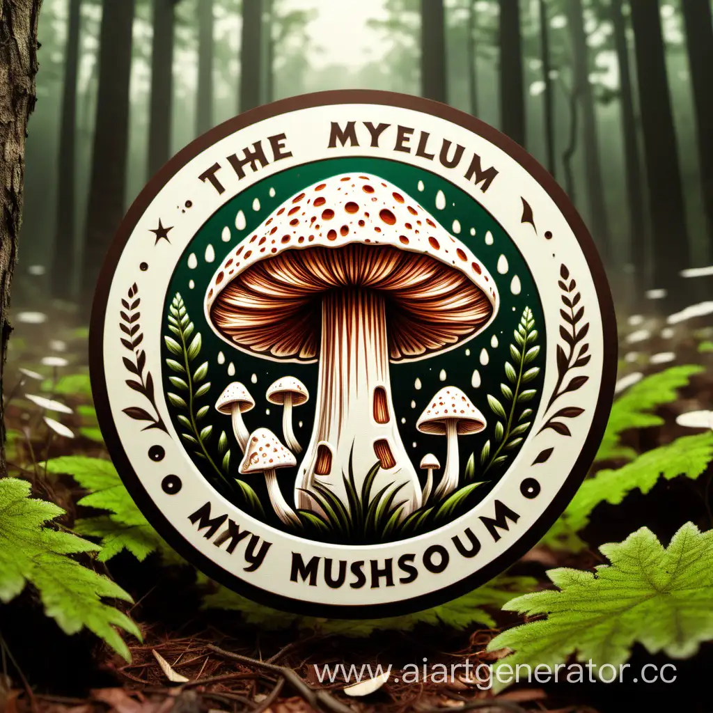 логотип мицелий гриба в лесу красивый, на молочном фоне