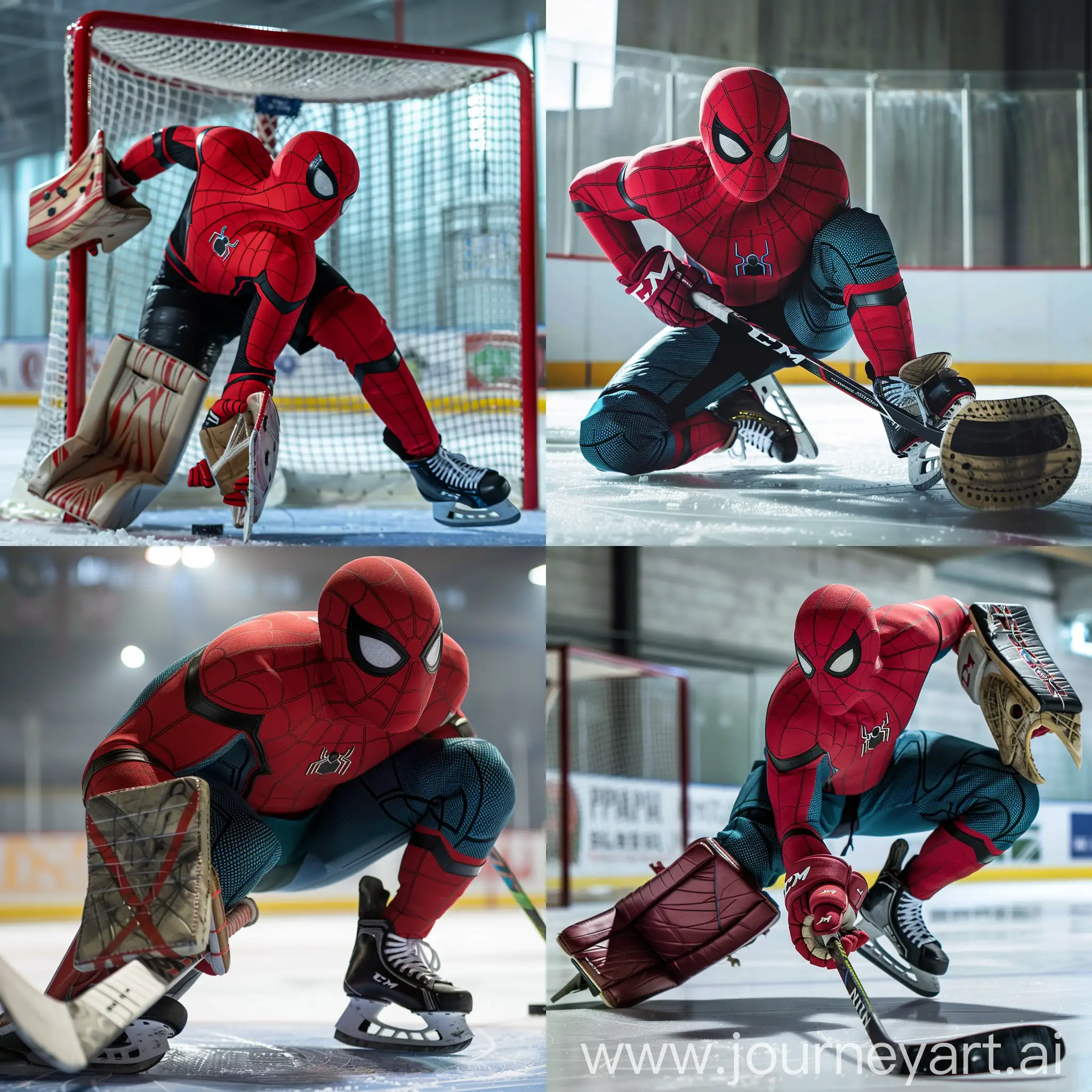 Человек паук играет в хоккей
