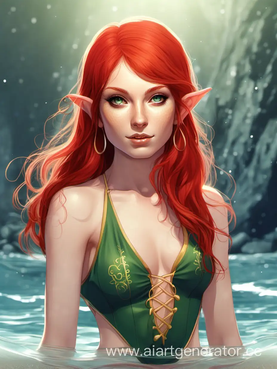 Vibrant-RedHaired-Elf-Poses-in-Tropical-Swimsuit