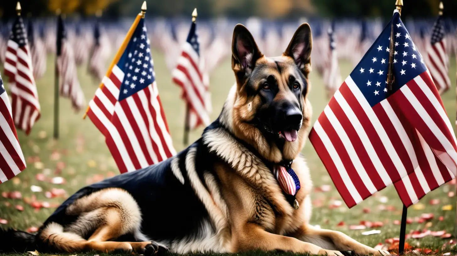 a K9 German Shepherd Dog, being honored, surrounded by American flags on Veterans day, excellent color, HD