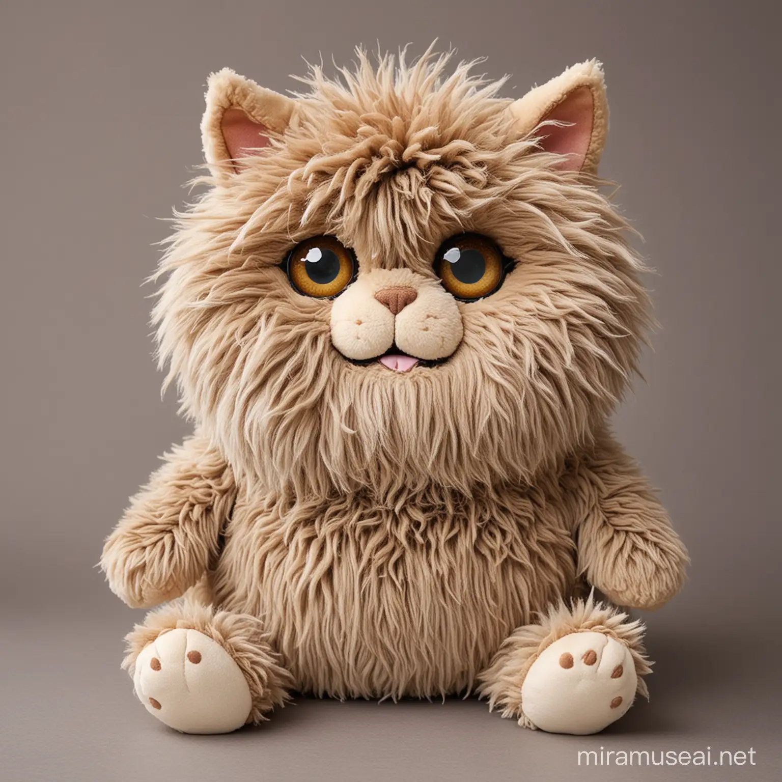 Design a soft  plush toy  a messy shaggy haired fat cat , ugly  with big eyes . Cute and cuddly . Big body, small arms and legs . Sitting 