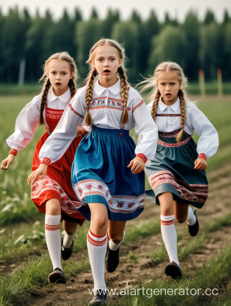 Девушки в спущенных носках и русском национальном мини-платье с длинными рукавами и косичками бегают по полю, полный рост