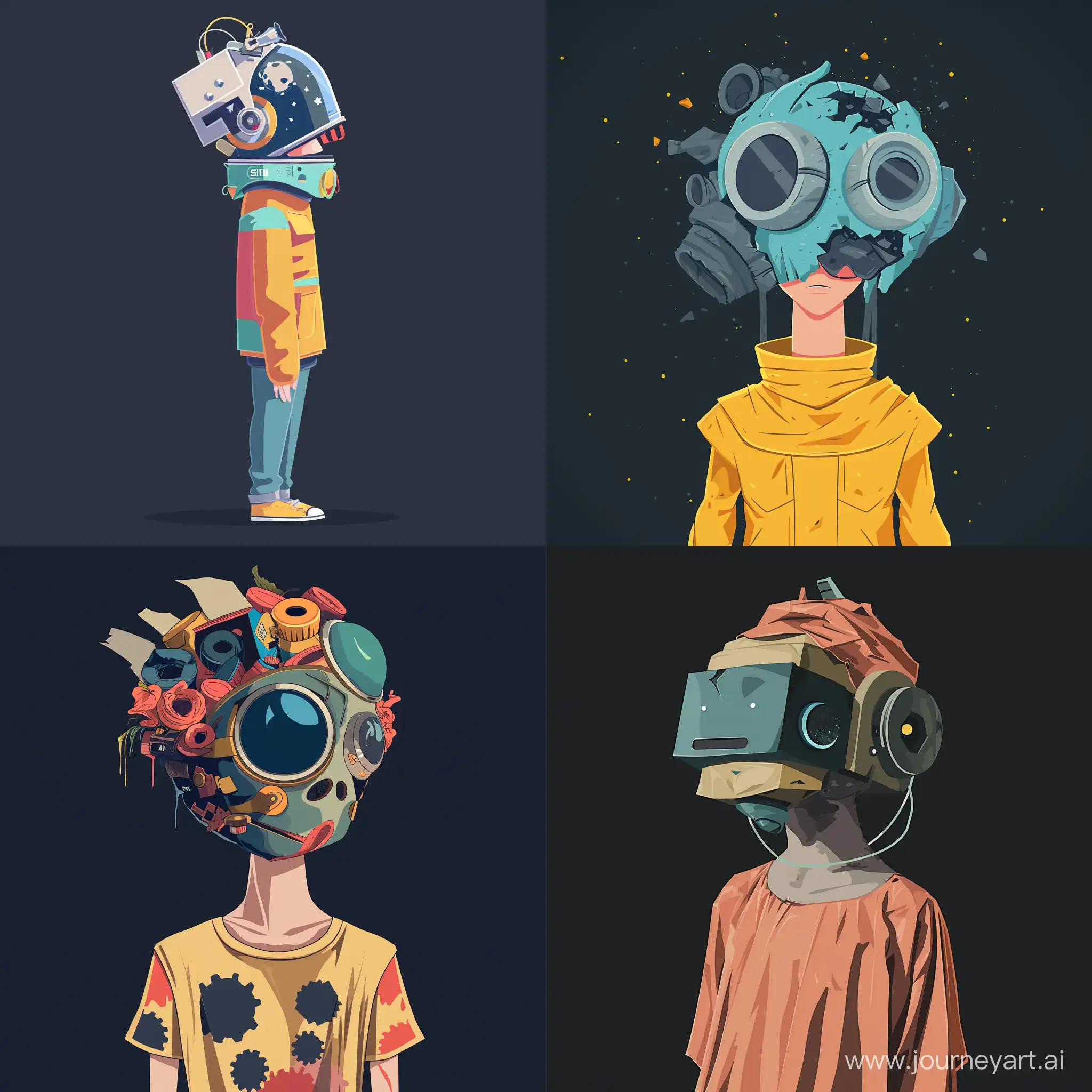 A person with a costume from garbage cosmic helmet from garbage minimalistic style flat dark background