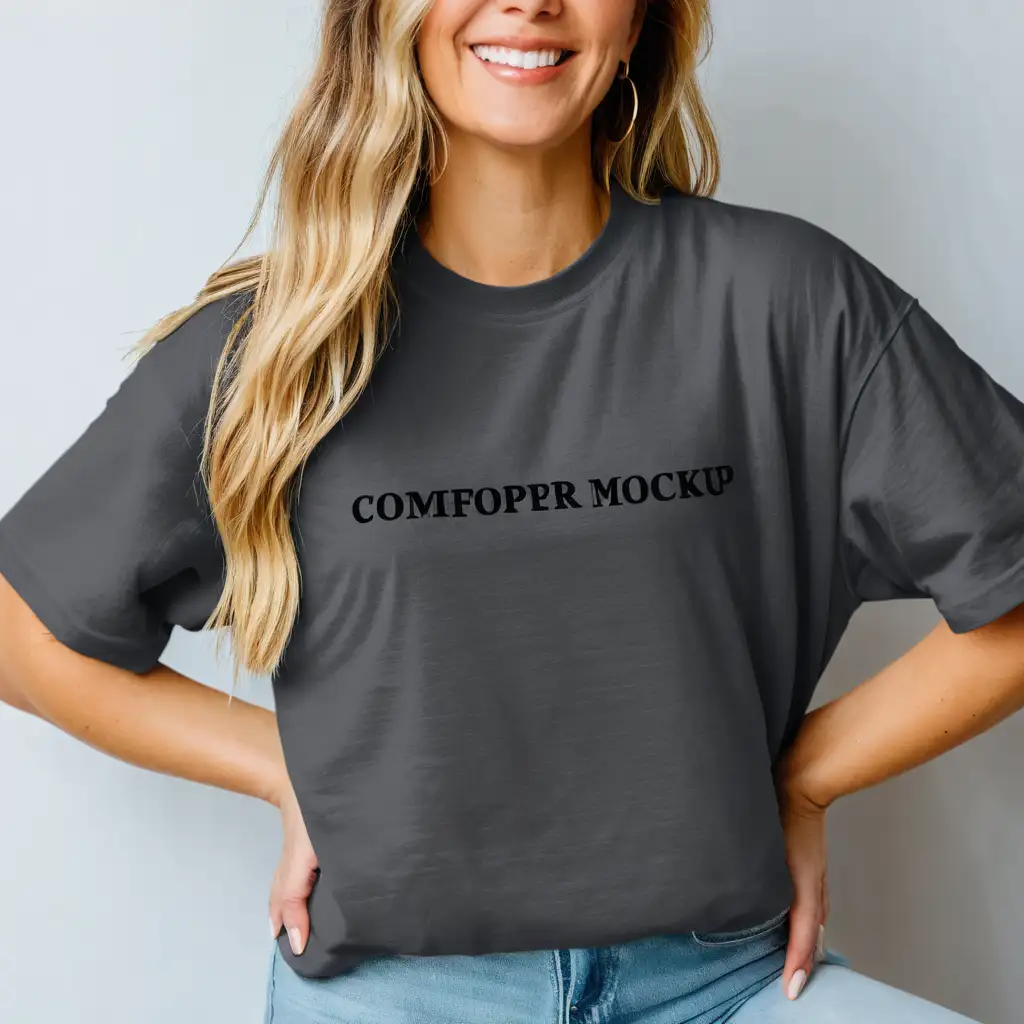 blonde woman wearing comfort colors pepper t-shirt mockup 