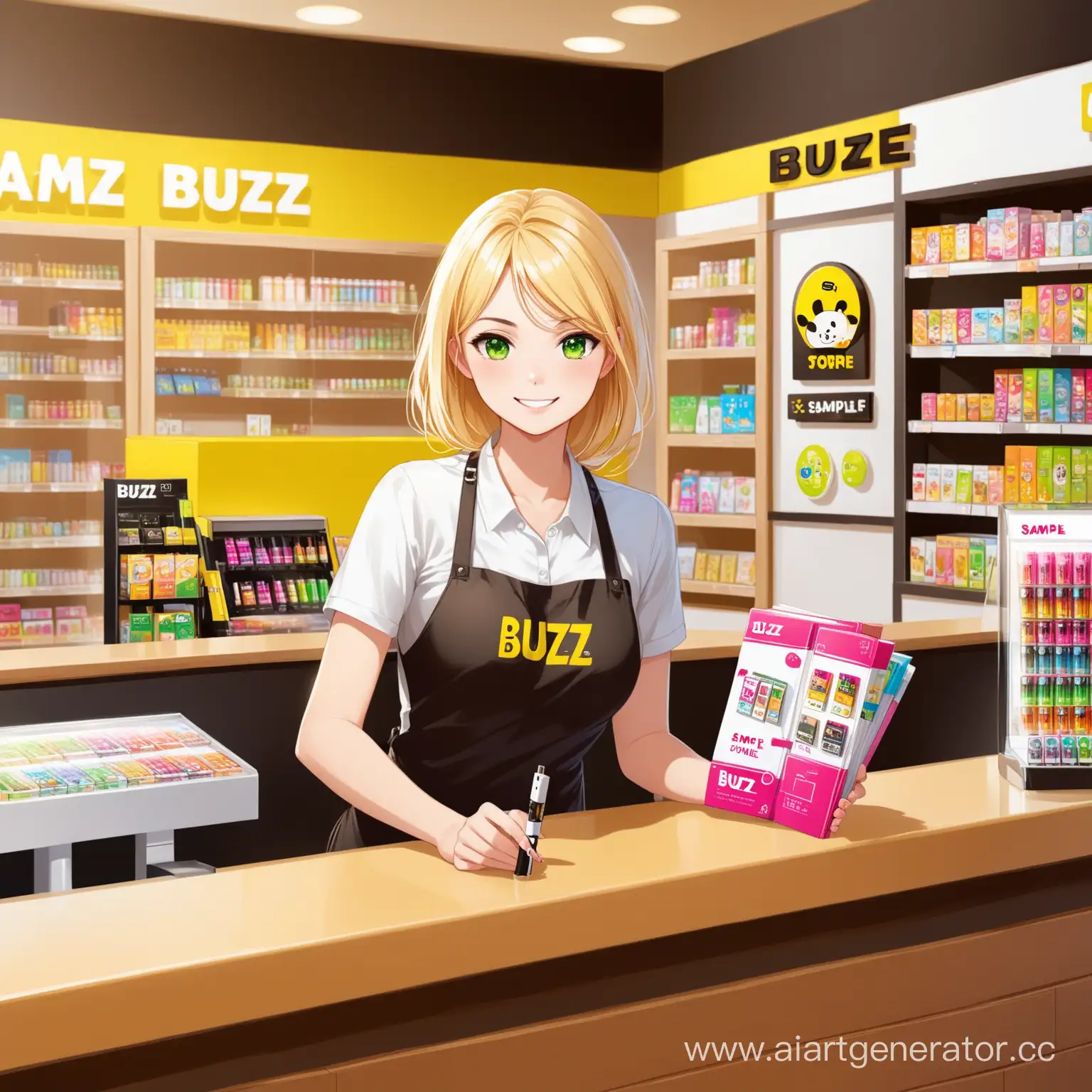 Friendly-Russian-Girl-at-Buzz-Store-Counter-with-Catalog