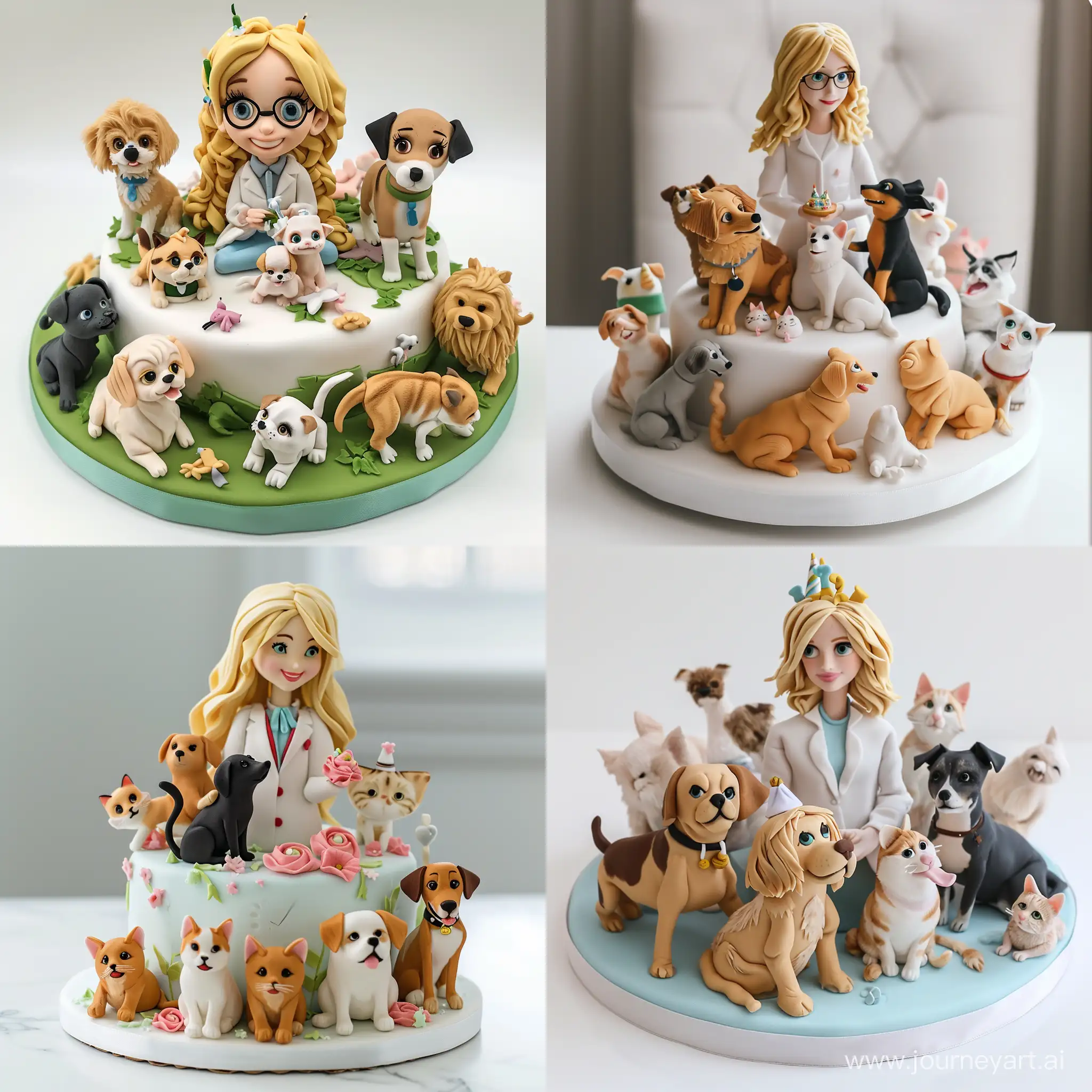 Happy birthday cake with a blonde pharmacyst named sorina and cats and dogs