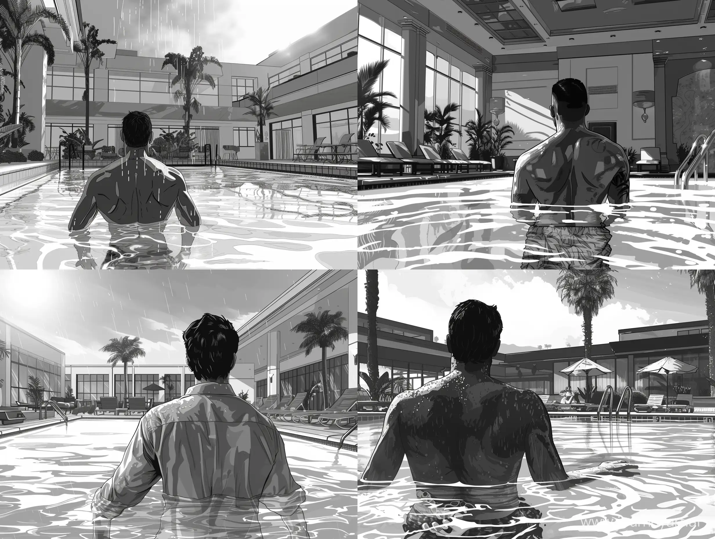 wealthy man in swimming pool, behind his back, hotel interior, grand theft auto artstyle, loading screen, celshading, highly detailed, black and white only.
