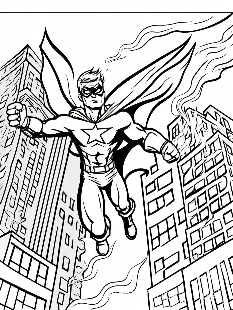 superhero with flight abilities rescuing people from a burning building., Coloring Page, black and white, line art, white background, Simplicity, Ample White Space. The background of the coloring page is plain white to make it easy for young children to color within the lines. The outlines of all the subjects are easy to distinguish, making it simple for kids to color without too much difficulty