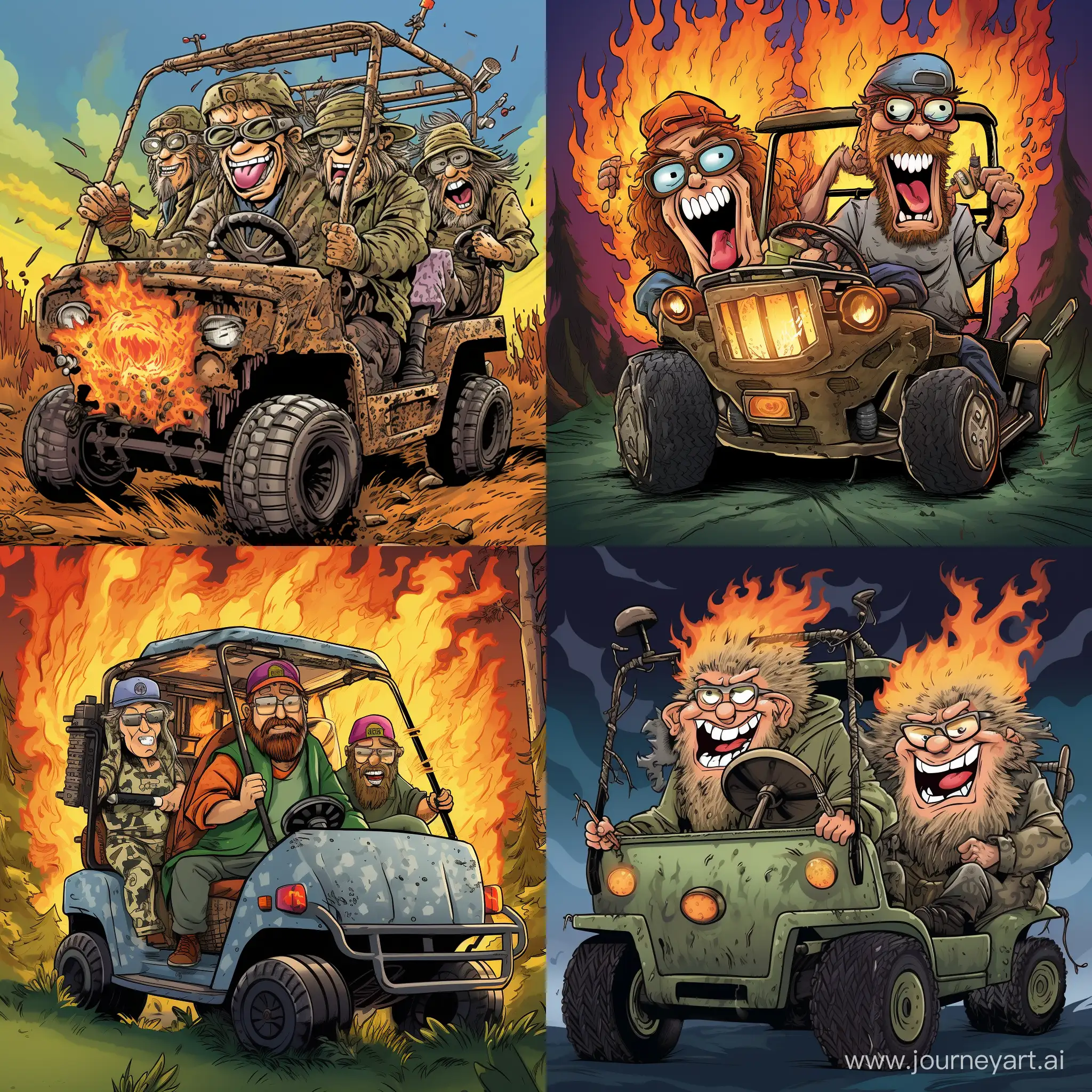 Comical, oversized, rady for fun faced hunters are going to the woods to hunt. They are outfitted in Hunting gear. They are riding in a camouflaged golf cart. Golfcart is an Extreme, custom, design.The golf cart has monstrous tires. The road is engulfed in fire. The image is humorous and oversized. The camera is in front
