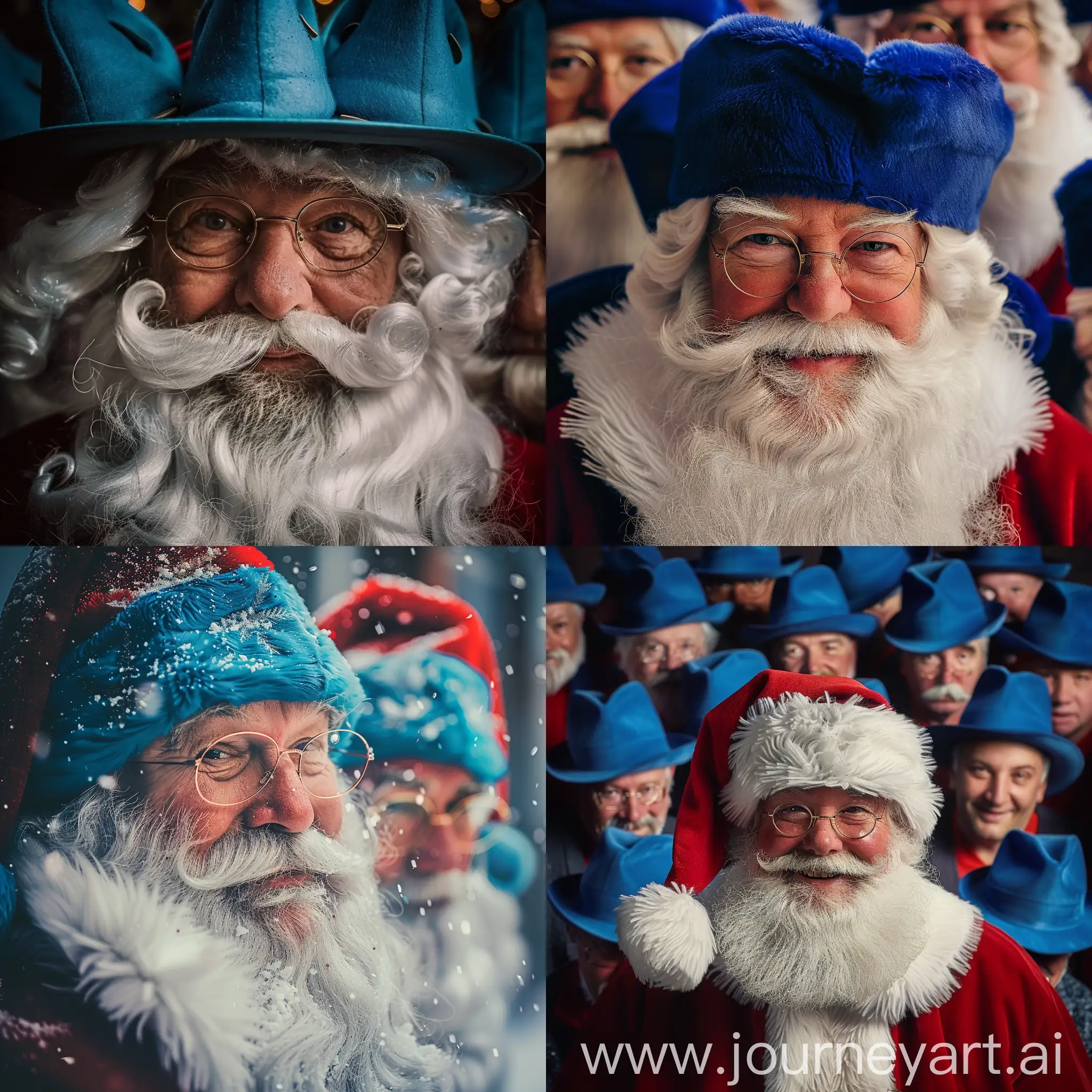 Cheerful-Santa-Claus-Wearing-Blue-Hats-in-a-Festive-Celebration