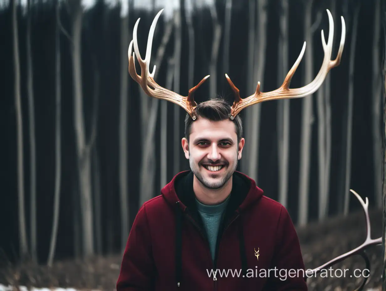 Man-Wearing-Majestic-Deer-Antlers-in-Enchanting-Forest-Setting