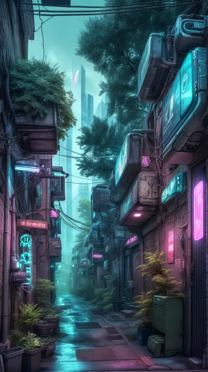 Cyborgs Navigating Cyberpunk Cityscape with Enigmatic Trees in Alleyway