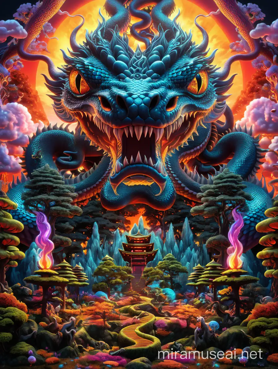 Psychedelic visionary world, 3d hyper detailed vivid, japness clouds , dragon, snake , forest tress, dead skulls third eye energy both side lamp down side fully dark hell world