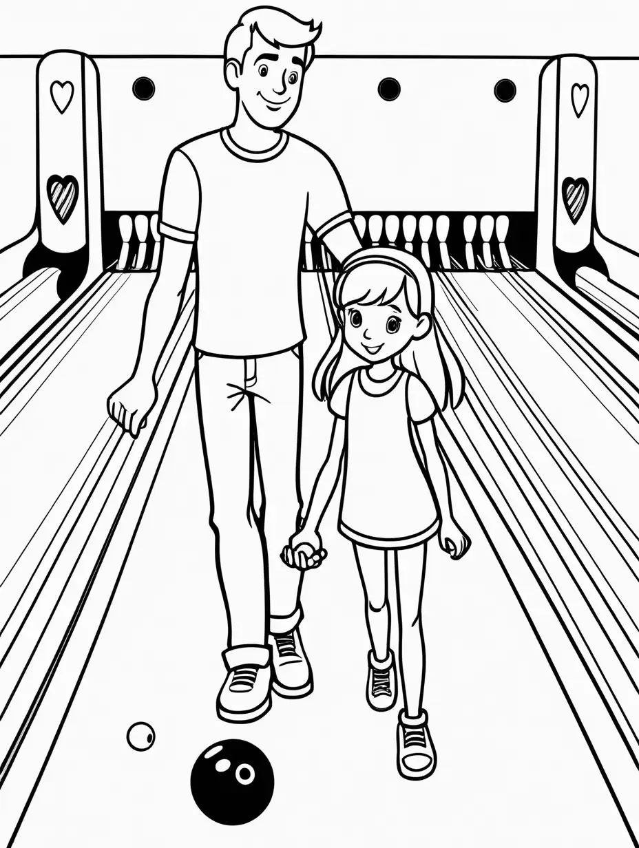 Cute, fairytale, whimsical, cartoon, younger Daddy and daughter Valentine's Day bowling, extremely simple, black and white, coloring pages for kids cartoon style, thick lines, low detail--no shading --ar 9:11--v5