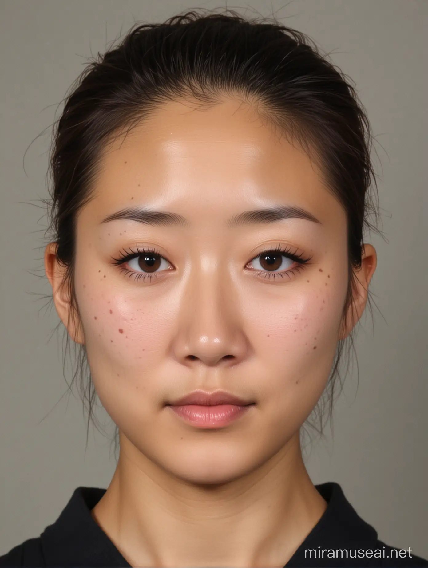 一张中国女性的证件照， 单眼皮，丹凤眼，嘴比较小，鼻子有一点塌，头发在脑后扎起来，大概32岁