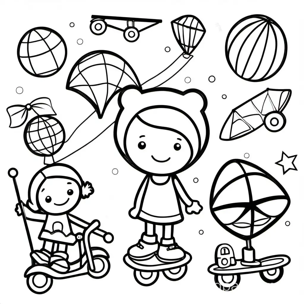 create an image with drawing of toys like: ball, scooter, kite, doll and skateboard, Coloring Page, black and white, line art, white background, Simplicity, Ample White Space. The background of the coloring page is plain white to make it easy for young children to color within the lines. The outlines of all the subjects are easy to distinguish, making it simple for kids to color without too much difficulty