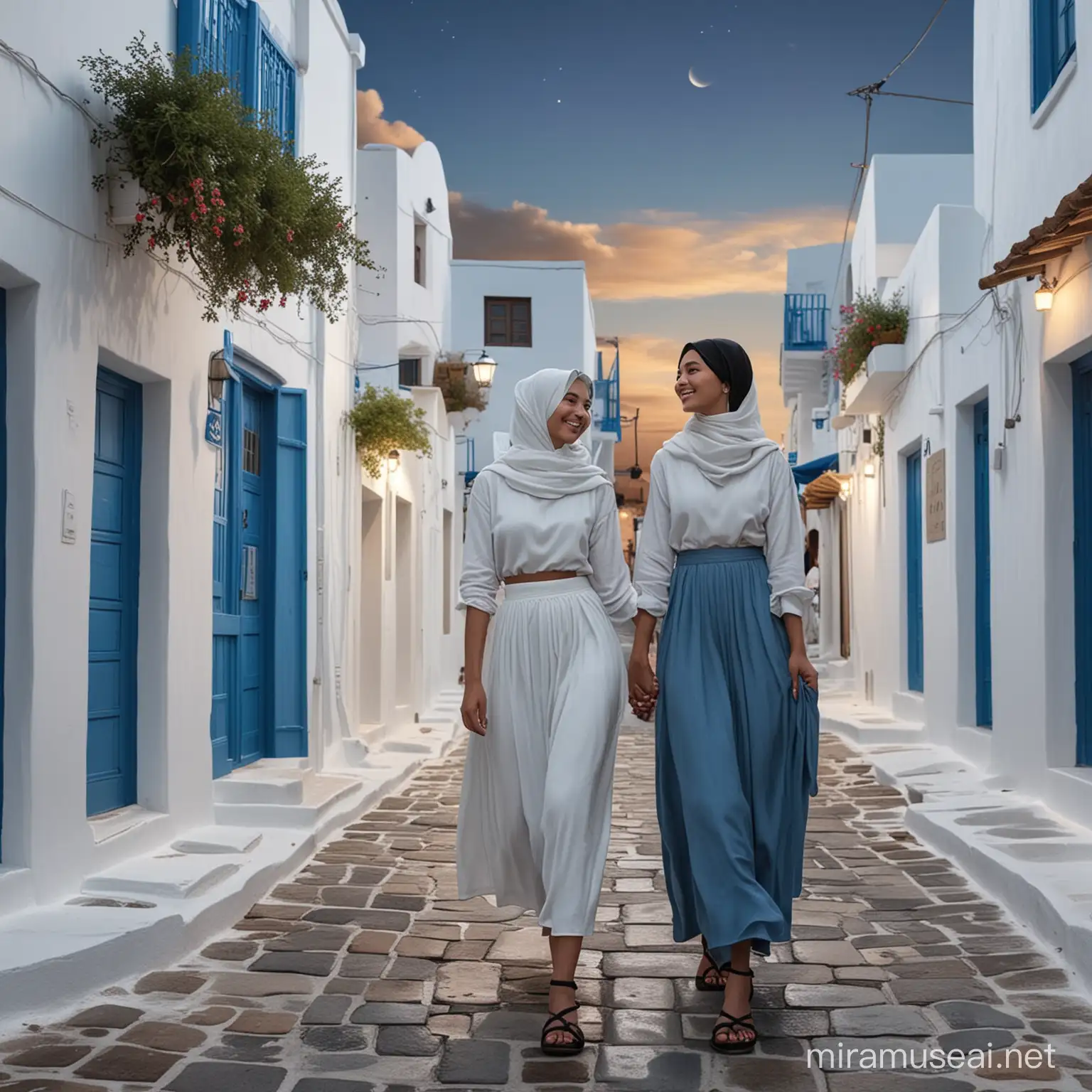 Vibrant Greek Island Street Scene with Joyful Korean Hijab Girls and ...