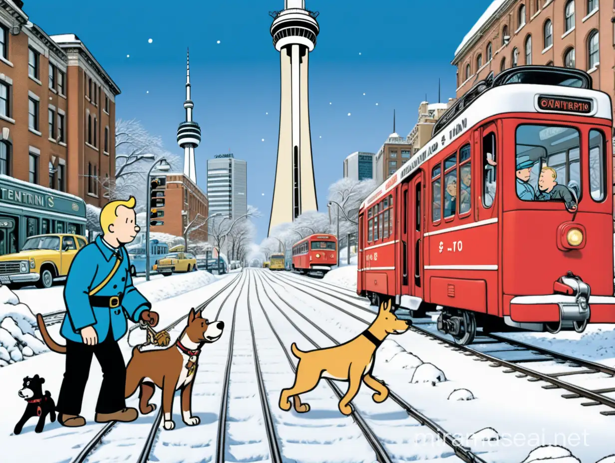 Create a colourful "The Adventures of Tintin" inspired Comic cover in the style of Hergé called 'Tintin in Toronto' with the CN Tower and Toronto Transit streetcar. Tintin should be on the street with Snowy his dog.