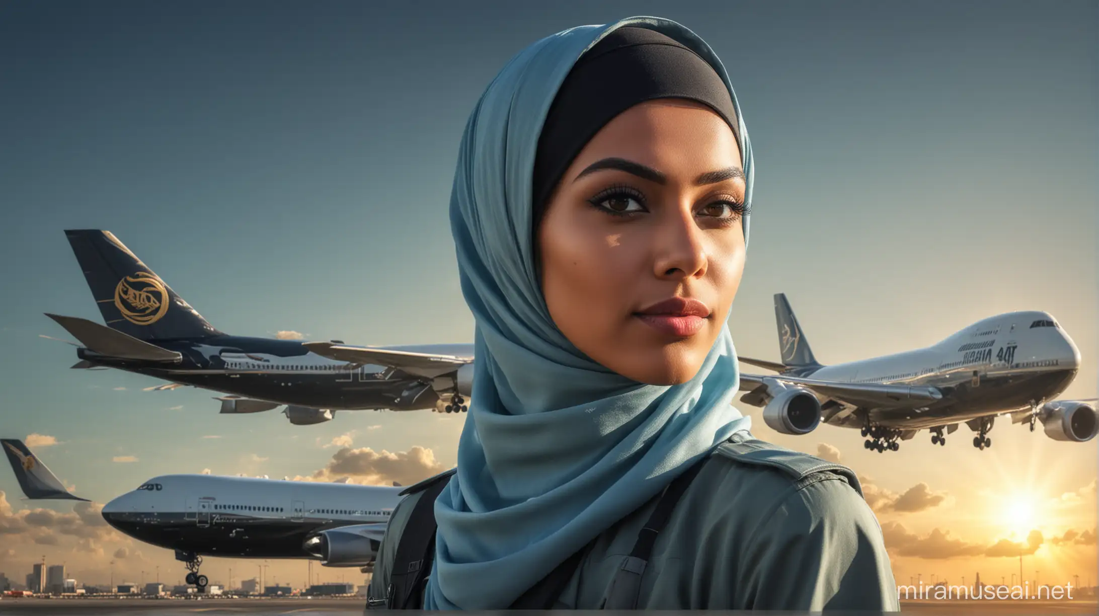 double exposure, 54k, hyperrealistic HDR photo, like a 747 Boeing, is on a take off area, ready to fly, in such detail, the background of a mighty hijab Malay woman wearing a pilot's uniform with black shade and pilot hat. with the setting sun giving an morning blue sky, dramatic, reflective atmosphere